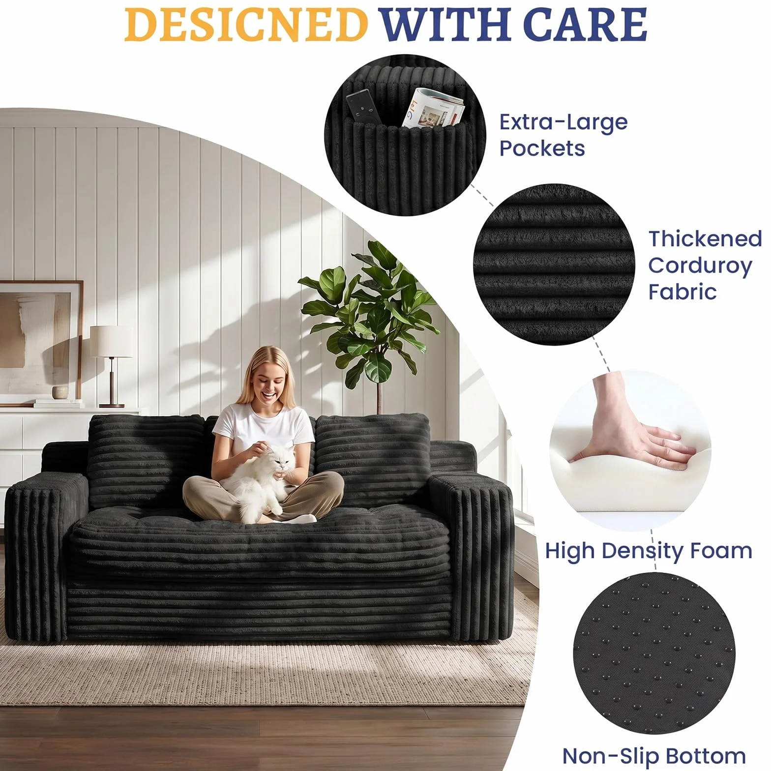 Boneless Couch, Cloud Loveseat Sofa Corduroy Couch in a Box, Upholstered Boneless 3 Seater Couch for Living Room Bedroom Office Apartment, No Assembly Required, Black