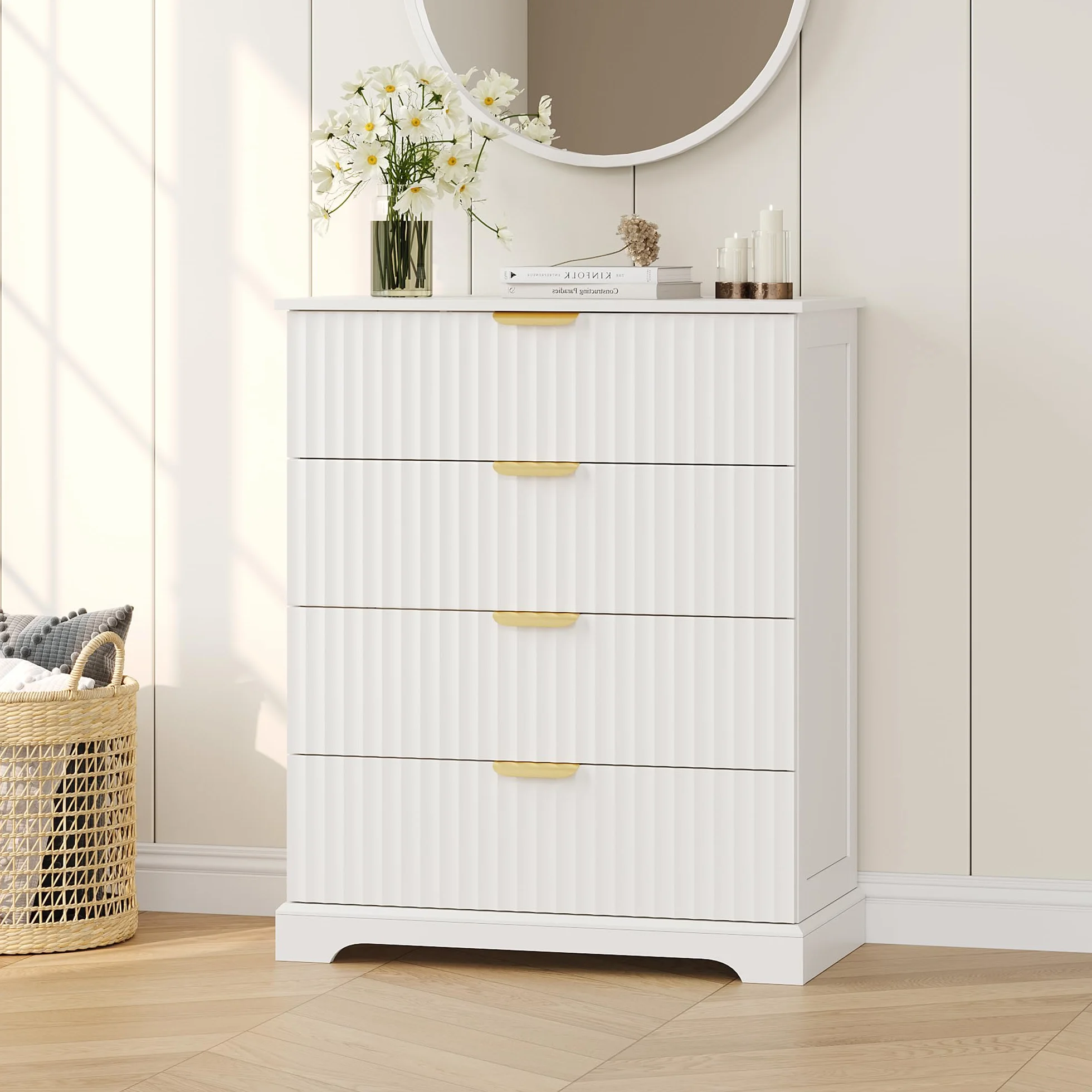 Wooden 4 Drawer Dresser for Bedroom, 36.6 in Tall Fluted Dresser with Metal Handles, Modern Chest of Drawers for Bedroom, Living Room, Entryway, White