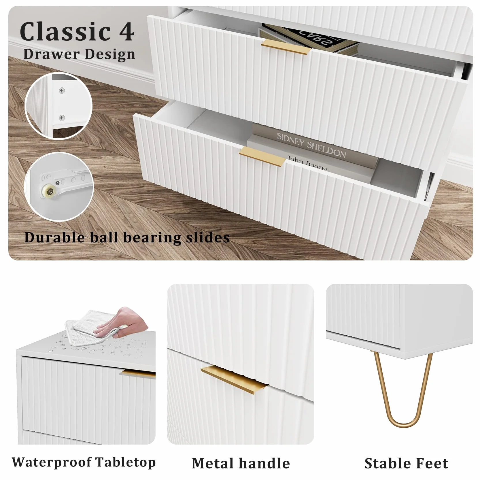 Masupu 4 Drawer Dresser, Drawer Chest, Tall Storage Chest Cabinet Organizer Unit with Metal Legs, Small Dresser for Bedroom, Living Room, Closet, Hallway White Stripe