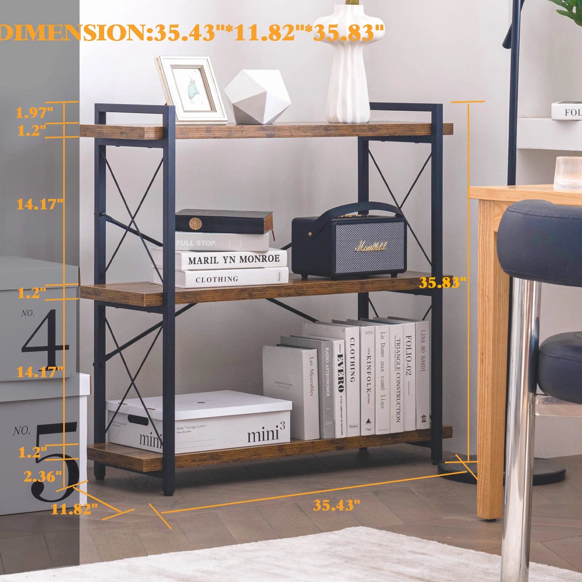HCHQHS 3-Tier Industrial Bookshelf, 35" W x 12" D x 35" H | 1.2" Shelf Thickness, 14.17" Shelf Height, Wood and Metal, Horizontal, Rustic Brown, for Office Living Room Bedroom