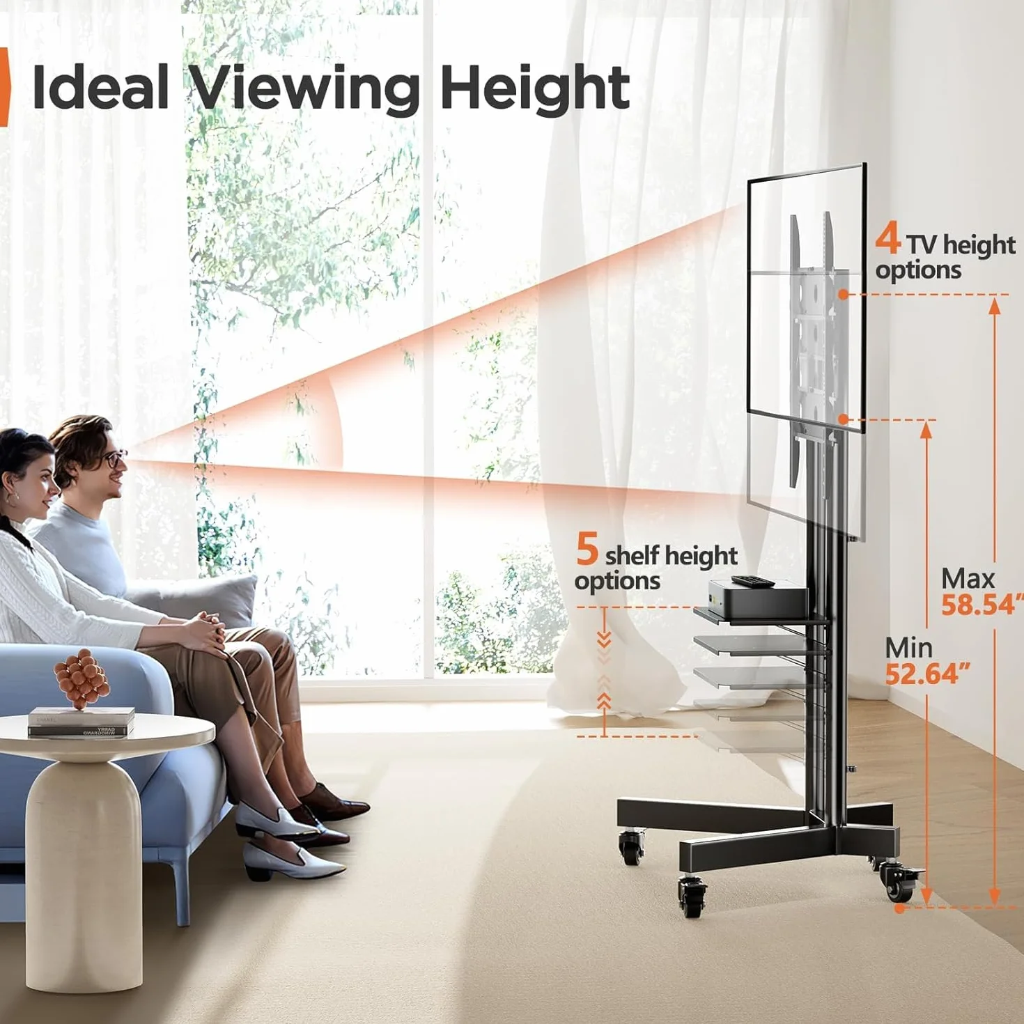 Perlegear Rolling TV Stand, Mobile TV Stand on Wheels for 32-85 Inch Screens up to 132 lbs, Height Adjustable Mobile TV Cart with Metal Shelf, Rolling TV Cart with Lockable Wheels Max VESA 600x400mm