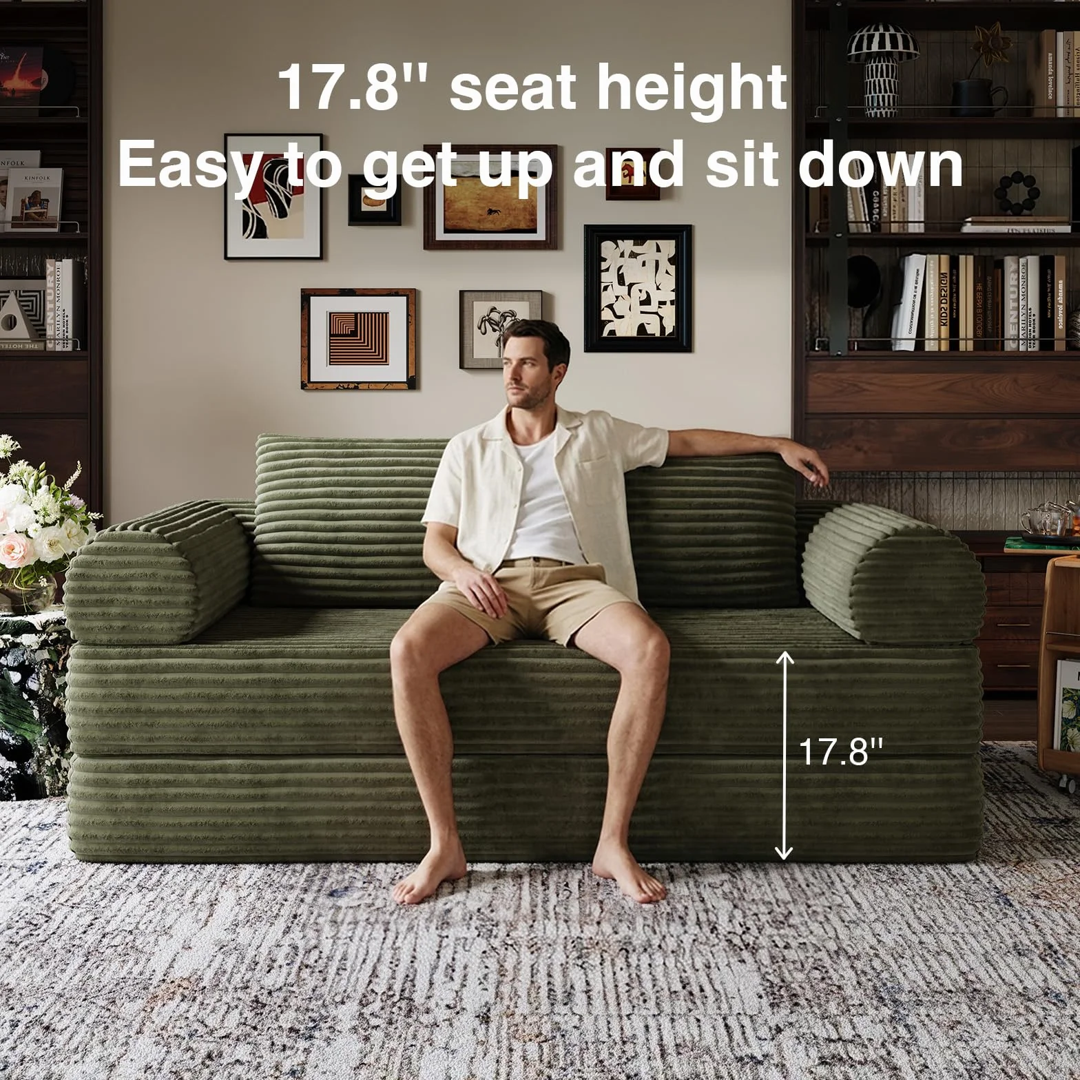 Novilla 75" Convertible Futon Sofa Bed, Boneless Couch with Smarts Coil® Support & High-Density Foam, No Assembly Corduroy Folding Loveseat Floor Sleeper for Living Room, Apartment, Bedroom, Green