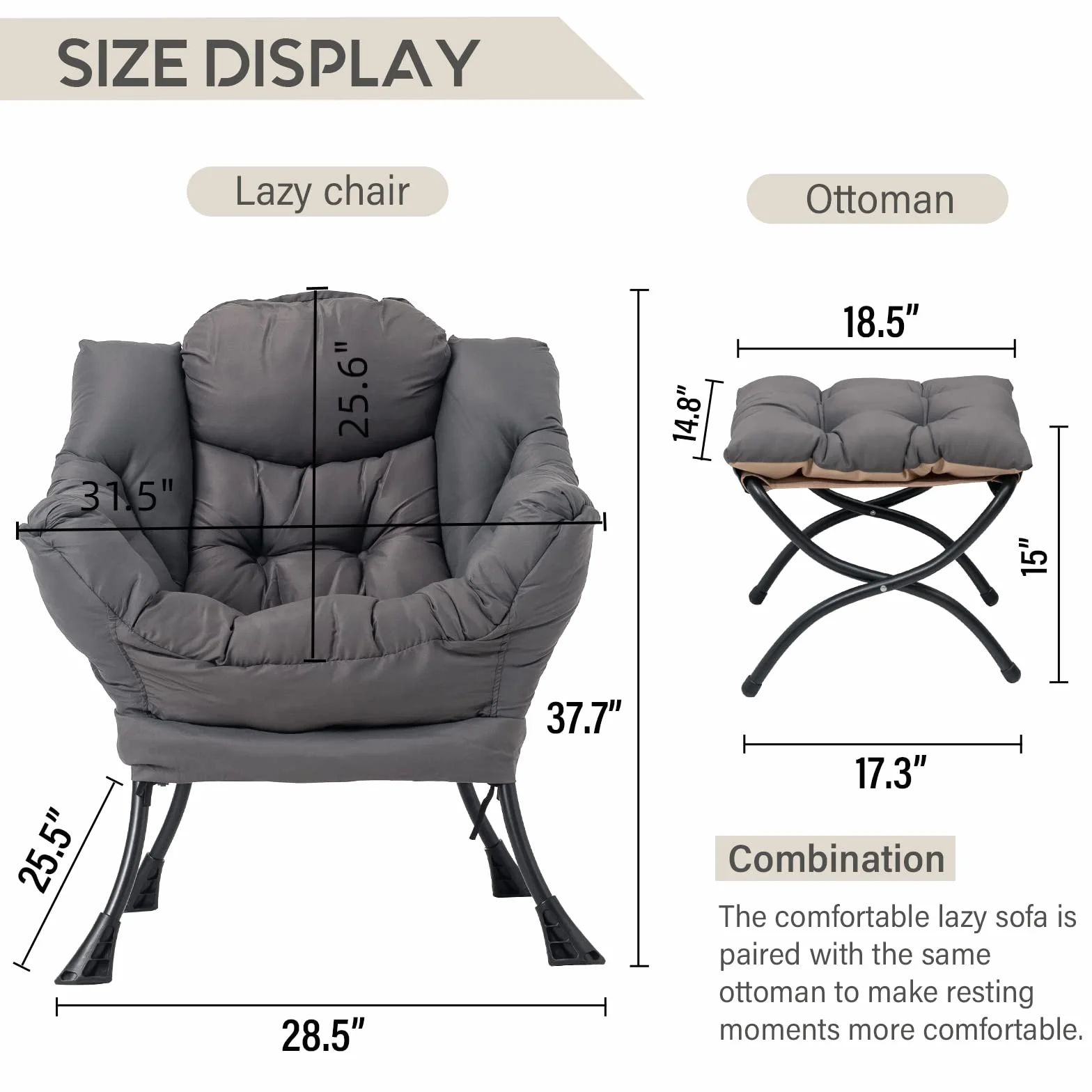 Lazy Chair with Ottoman, Comfy Accent Reading Chair, Dark Grey | Foldable Footrest,Removable Cover,with Armrests and Side Pockets,Upholstered Lounge Chair for Bedroom,Dorm,Office,Small Space