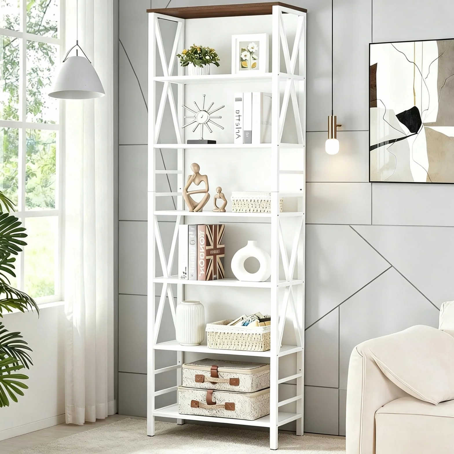 HOMISSUE Bookshelf, 7-Tier Bookshelf, Rustic Wood Metal Bookshelves and Bookcases, Freestanding Open Bookshelf, Industrial Tall Bookcase for Home Office, Living Room and Bedroom, White