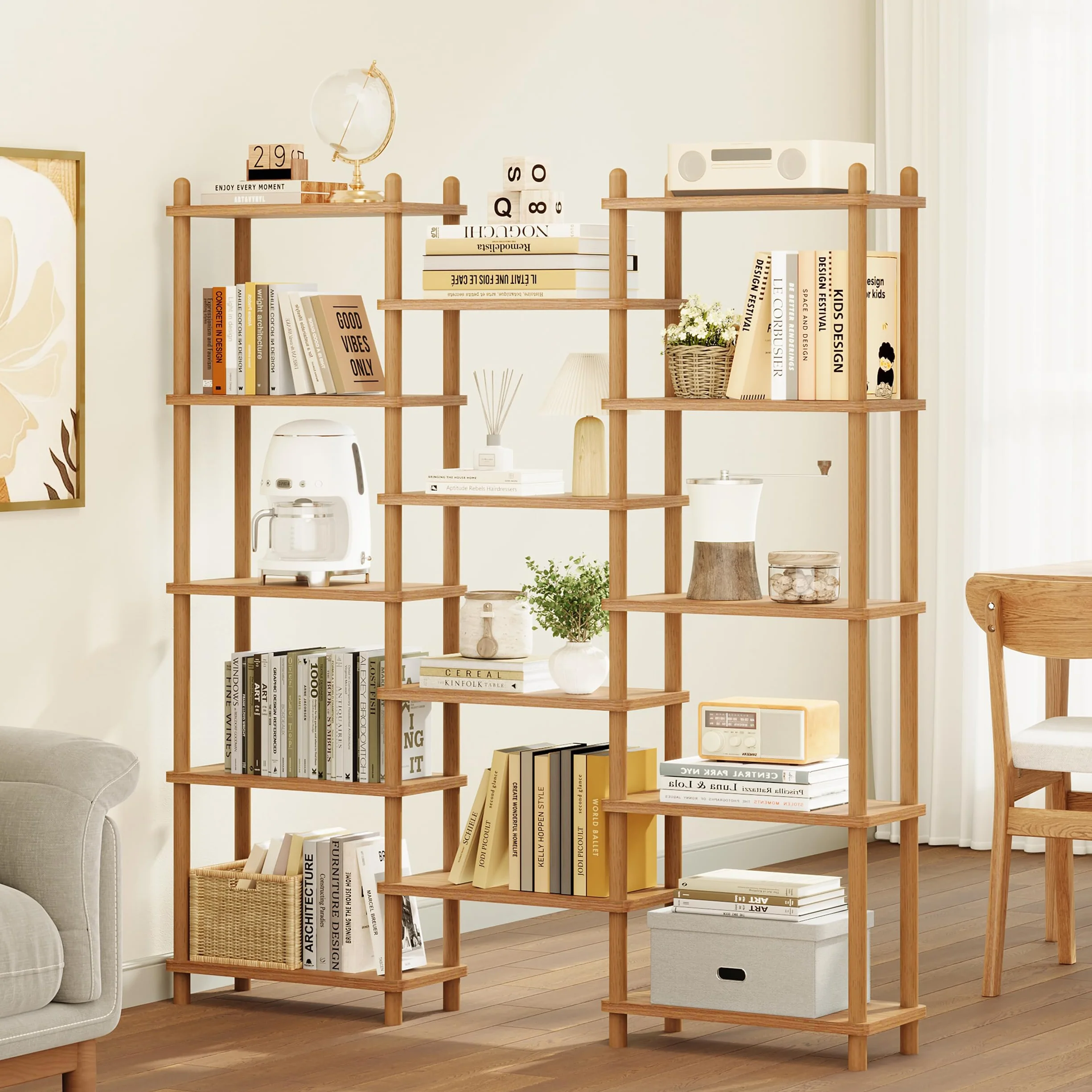 IOTXY Wooden Triple Wide Bookshelf, 5-Tier Large Open Bookcase, Oak | Beech Wood Frame, 14 Open Shelves, Display Storage for Books, Plants, and Decor, Living Room, Home Office
