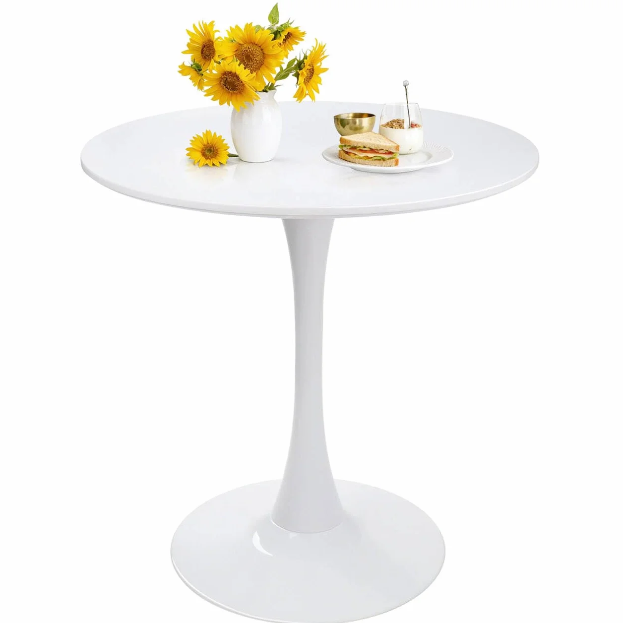 27.5" Tulip Round Dining Table with Metal Pedestal White | Mid-Century Modern Circle Table for 2-4 People for Small Kitchen Living Room, Cafe, Bistro