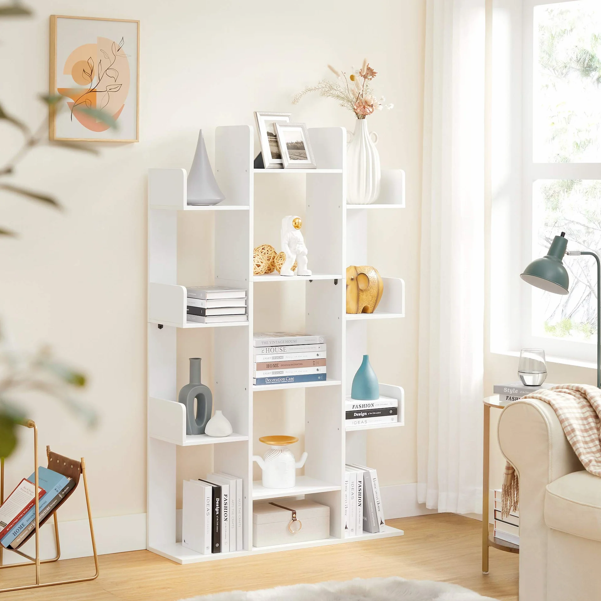 VASAGLE Bookshelf, Tree-Shaped Bookcase with 13 Storage Shelves, Rounded Corners, 9.8”D x 33.9”W x 55.1”H, White ULBC067W01