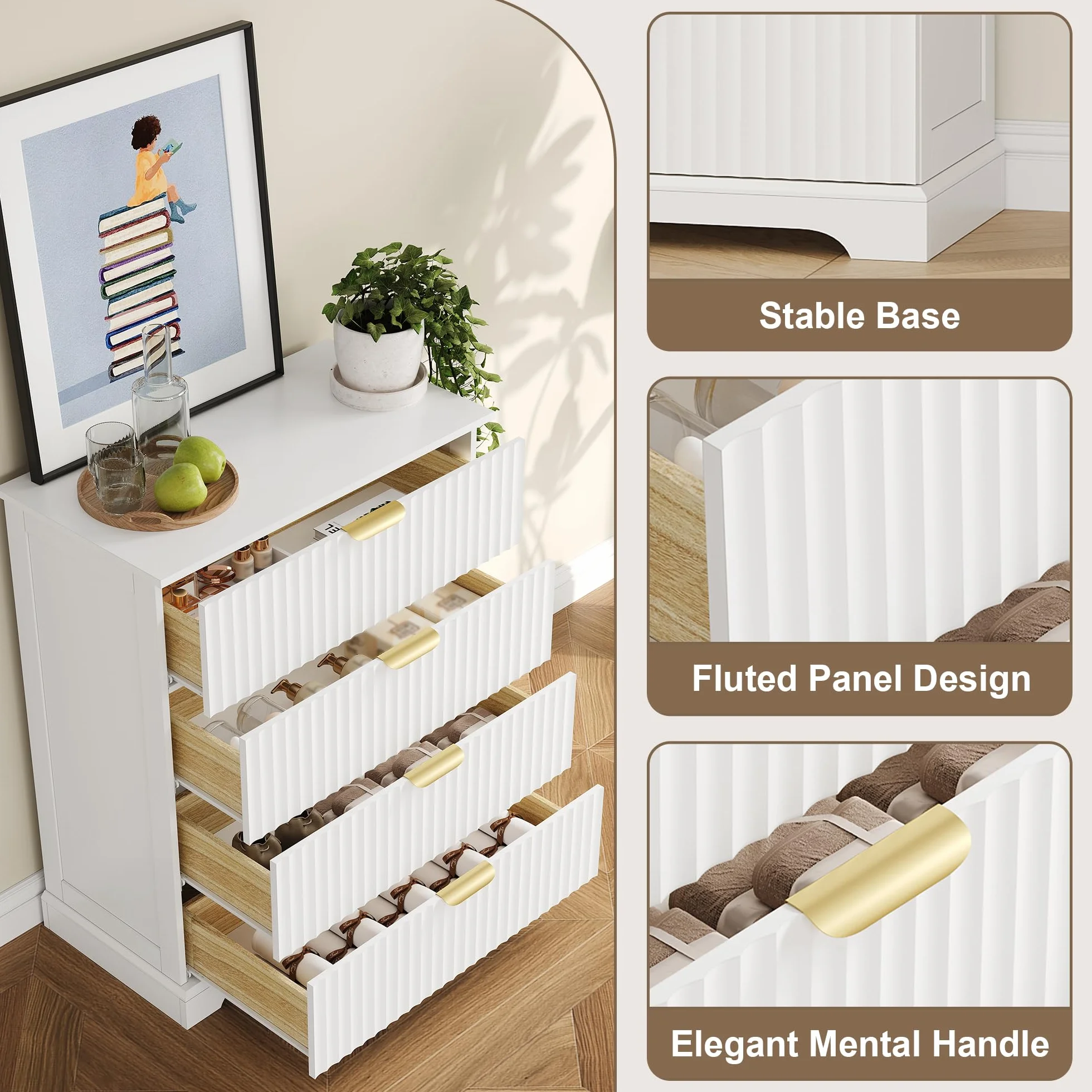 Wooden 4 Drawer Dresser for Bedroom, 36.6 in Tall Fluted Dresser with Metal Handles, Modern Chest of Drawers for Bedroom, Living Room, Entryway, White