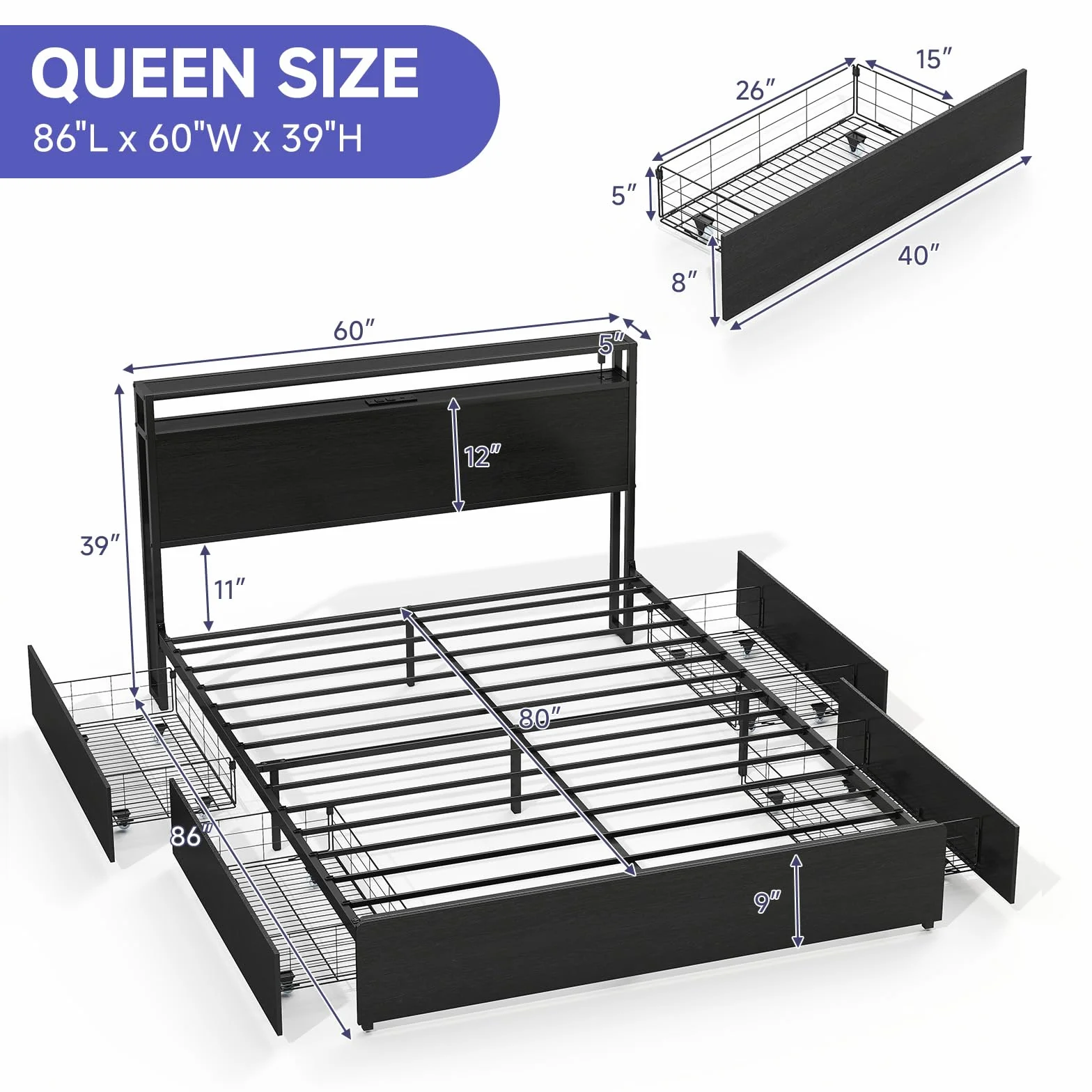Zevemomo Queen Bed Frame with 4 Storage Drawers, No Noise, Black | Queen Size Bed Frame with Headboard, LED, Charging Station with USB Ports & AC Outlets, Sturdy Metal Slat Support