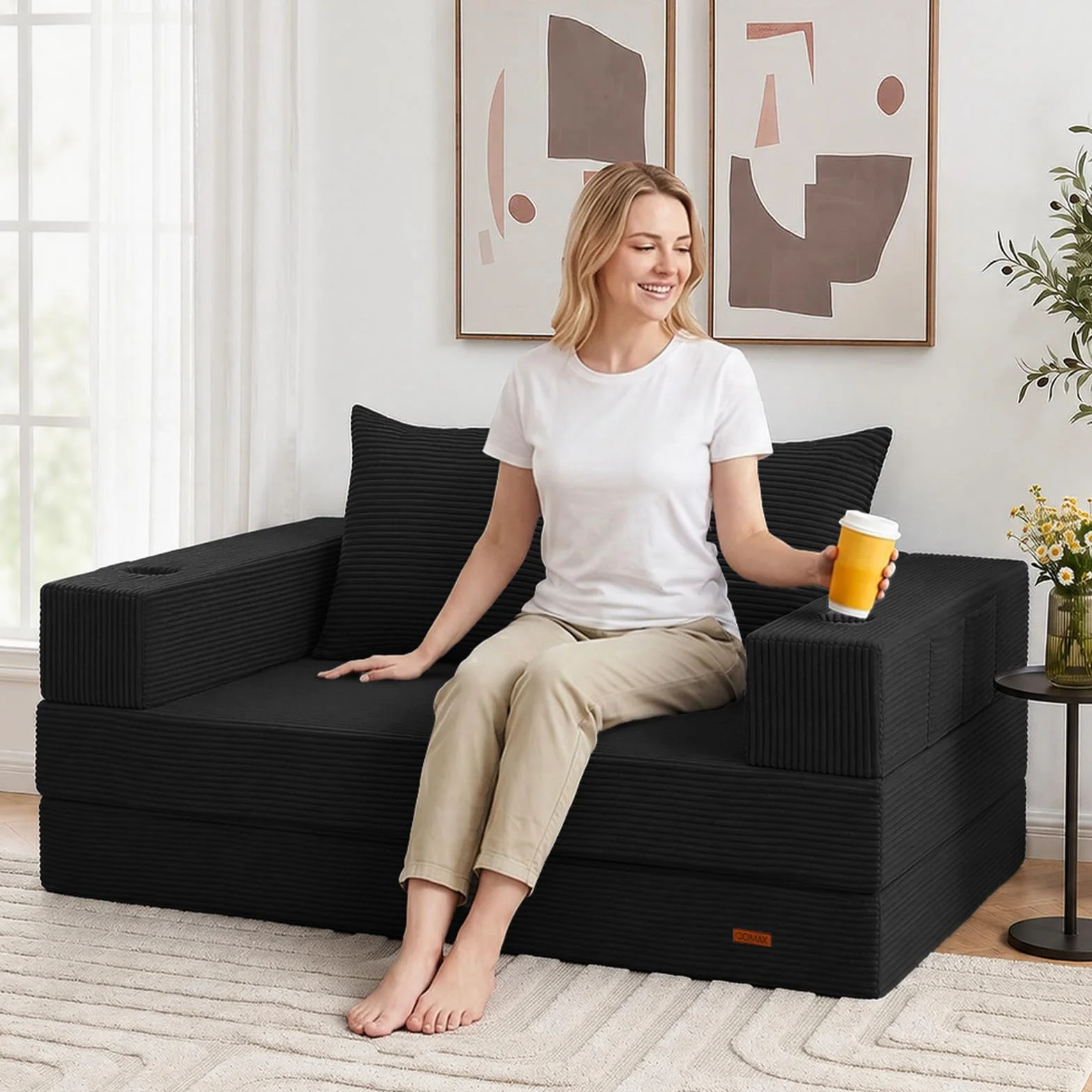 COMAX Futon Sofa Bed, Convertible Sofa Bed, Folding Boneless Couches | Low-Profile Boneless Couch for Living Room, 11.8" H Low Seat Small 59" Foldable Floor Sleeper Mattress Lounge Space‑Saving