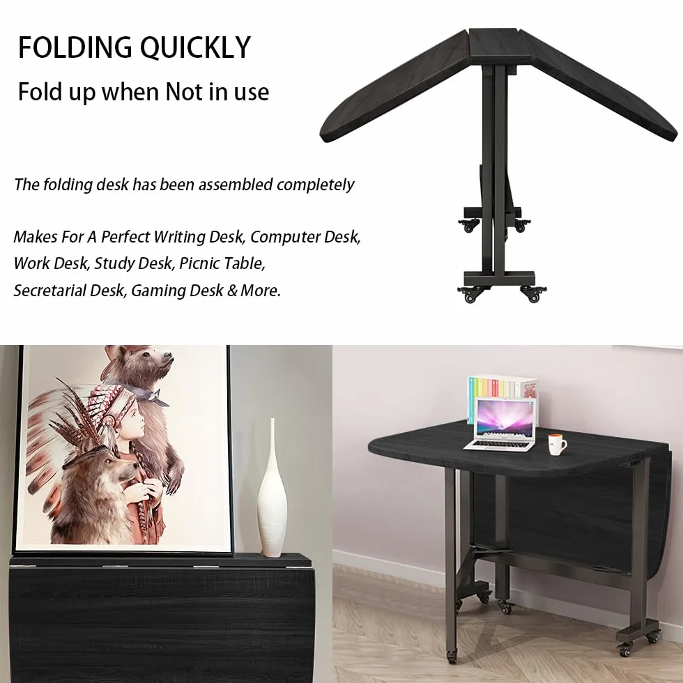 Multifunction Table Drop Leaf Dining Table - 47" Wooden Foldable Kitchen Table with 6 Wheels (Black)