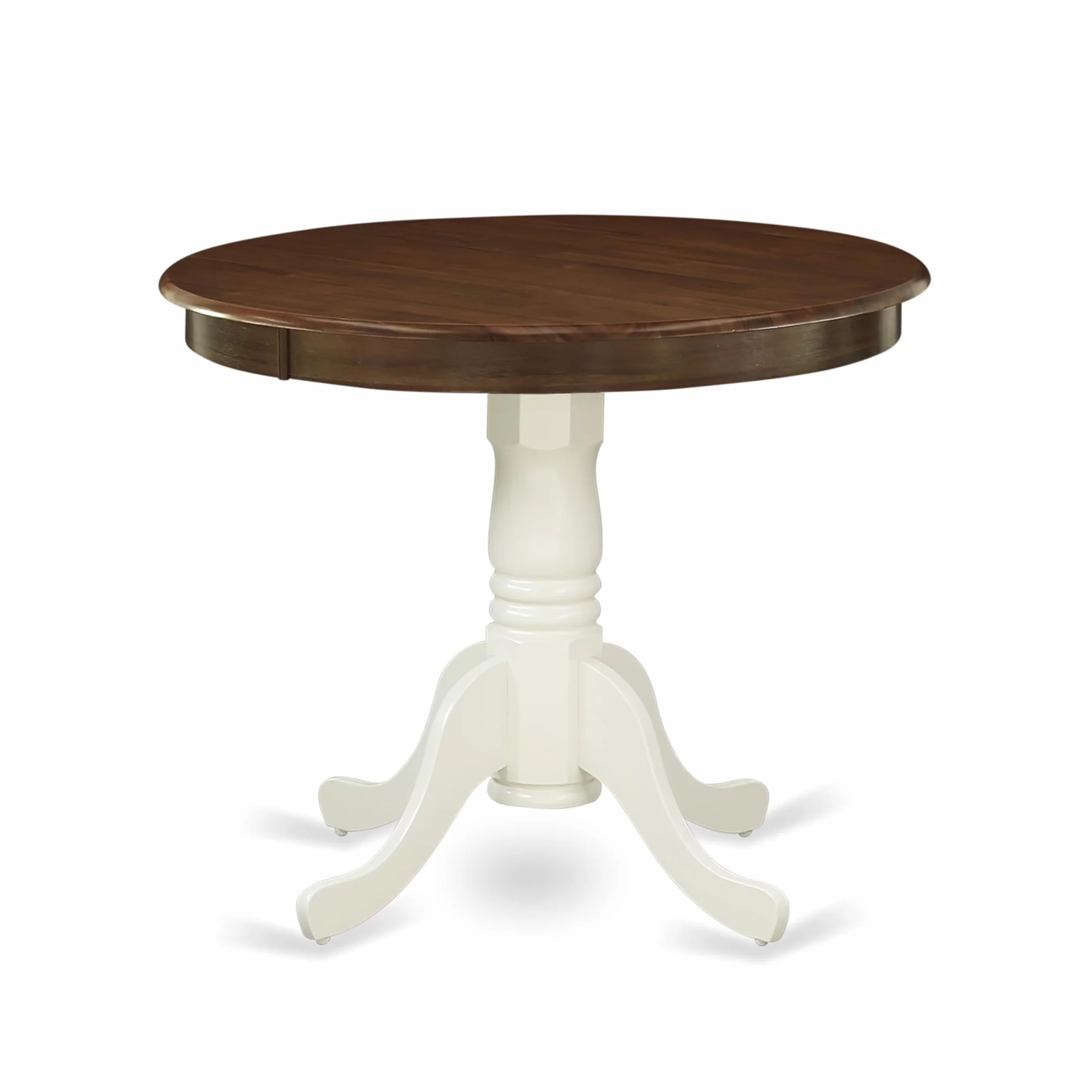 East West Furniture AMT-WLW-TP Antique Kitchen Dining Table - a Round Wooden Table Top with Pedestal Base, 36x36 Inch, Walnut & Linen White