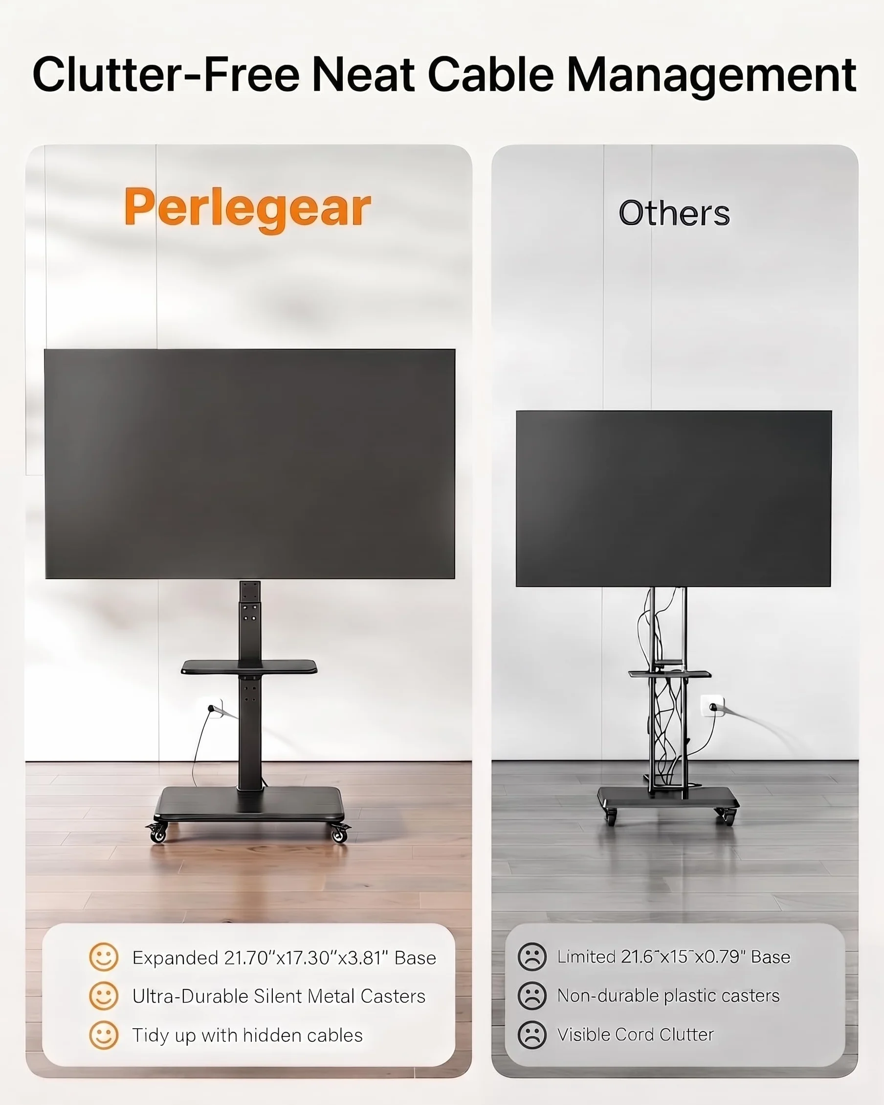 Perlegear Mobile TV Stand with Power Outlet, Tilt & Swivel Rolling TV Stand for 32-75 inches TVs up to 110 lbs, 12 Height Adjustable Rolling TV Cart with Wheels, Max VESA 600x400mm, PGTVMC17