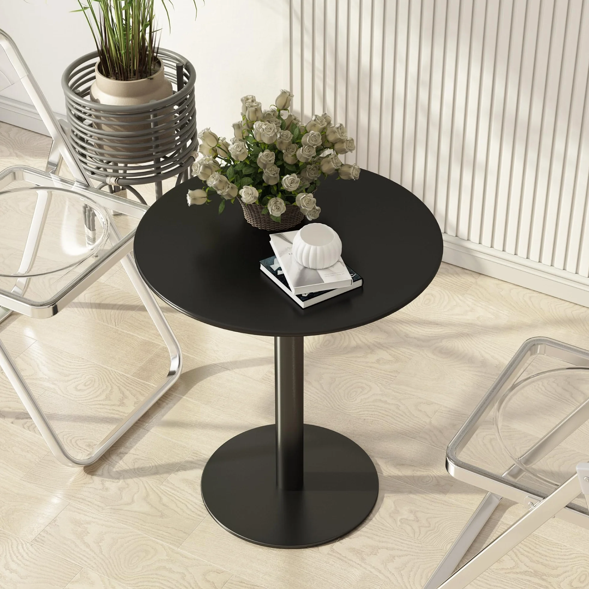 Round Dining Table 24" Circle Tulip Table for 2 People,Black | Mid Century Modern Leisure Kitchen Tables with Metal Thickened Tabletop & Sturdy Metal Pedestal Small Places Living Room Cafe