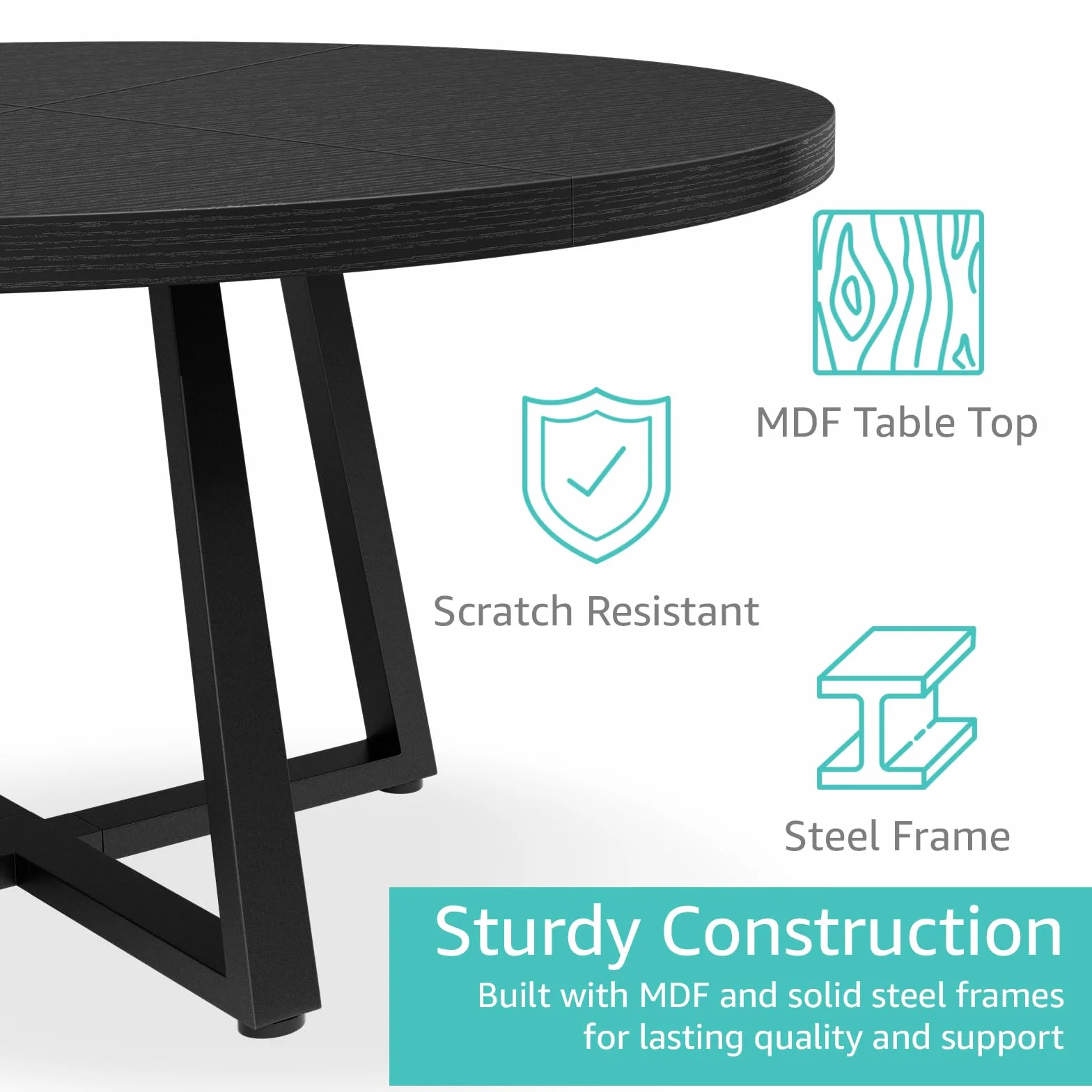Black Round Dining Table for 6 - Modern Circle 51 Inch Large Room Kitchen Dinning Tables for 4 to 6 Person Seats Small Spaces Wood Dinner Mesa De Comedor Redonda