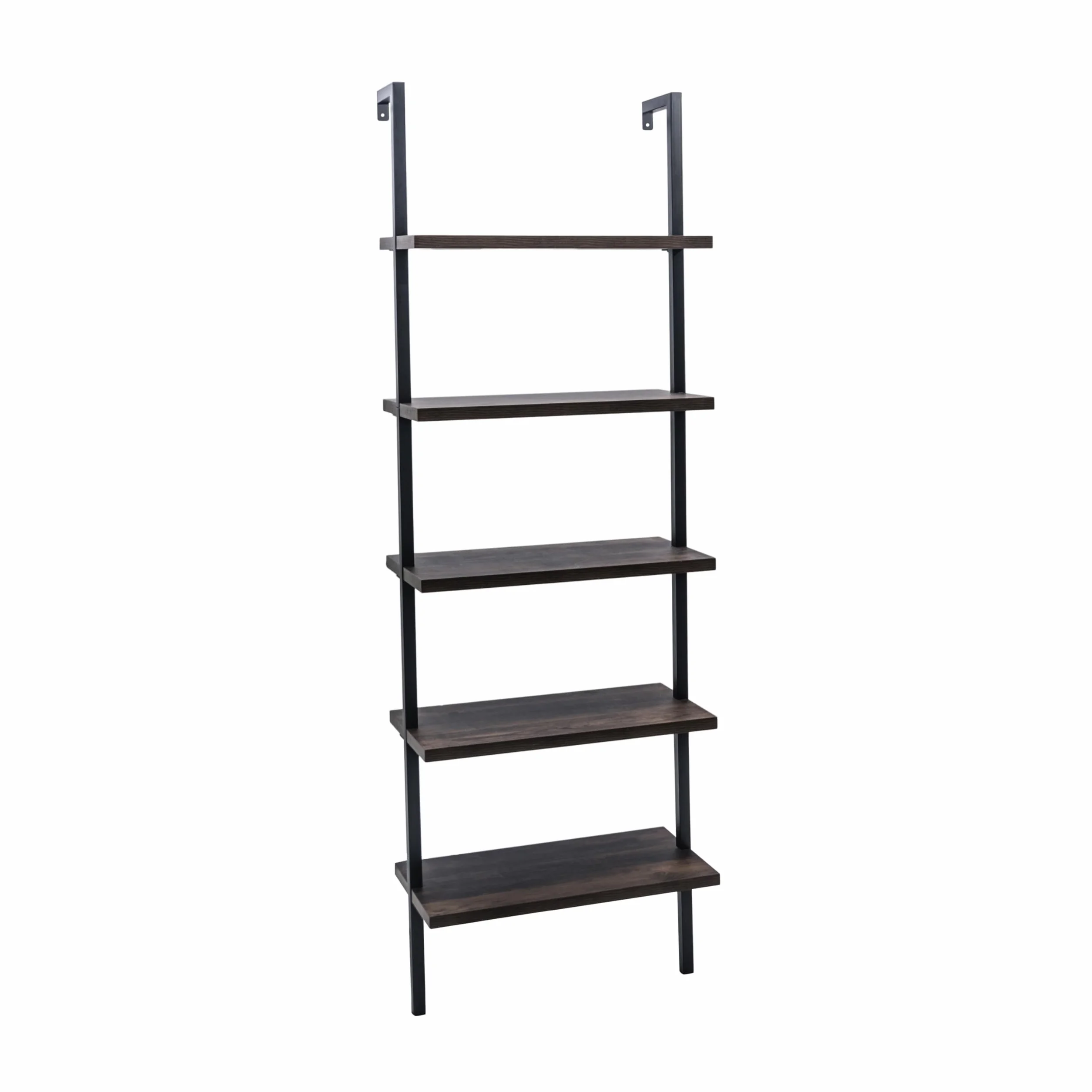 Nathan James Theo 5-Shelf Wood Modern Bookcase, Open Wall Mount Ladder Bookshelf with Industrial Metal Frame, Dark Brown Nutmeg/Black
