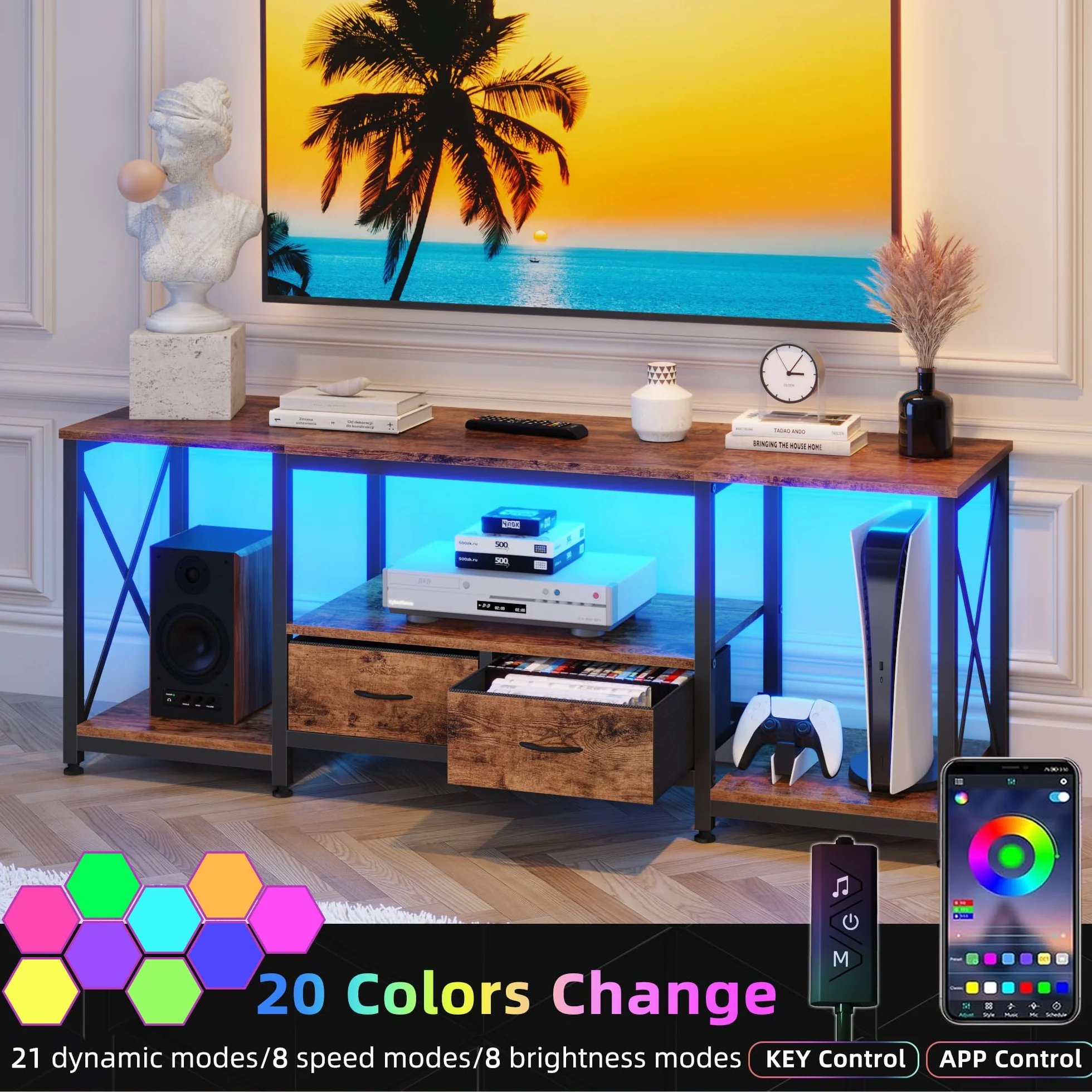 GYIIYUO TV Stand with Fabric Drawer - Entertainment Center and Industrial TV Console Table with Open Storage Shelves for Living Room, Bedroom - 55.1" Rustic Brown