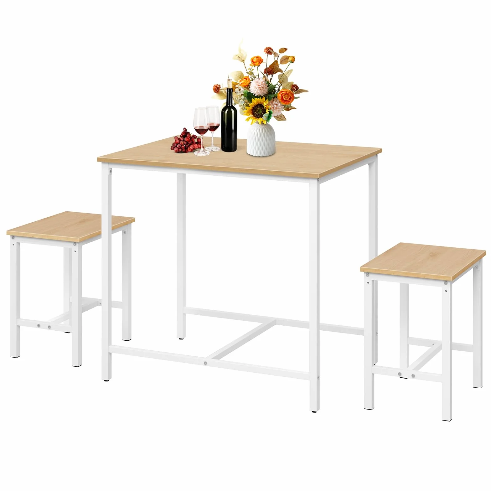 HOOBRO 3-Piece Industrial Dining Table Set, Kitchen Table, Space Saving Dinette for Kitchen, Dining Room, Small Space, Breakfast Nook, Living Room, Party, Natural and White WN75CZ01G1