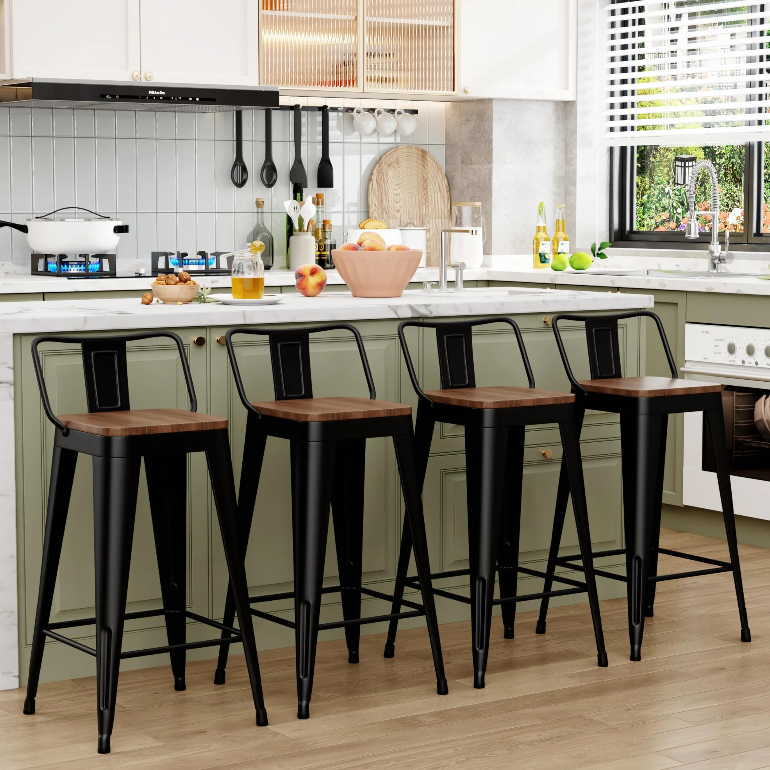 WENTMENT Metal Bar Stools Set of 4 Counter Height Barstools with Removable Back 26" Kitchen Bar Stools with Wooden Seat, Black