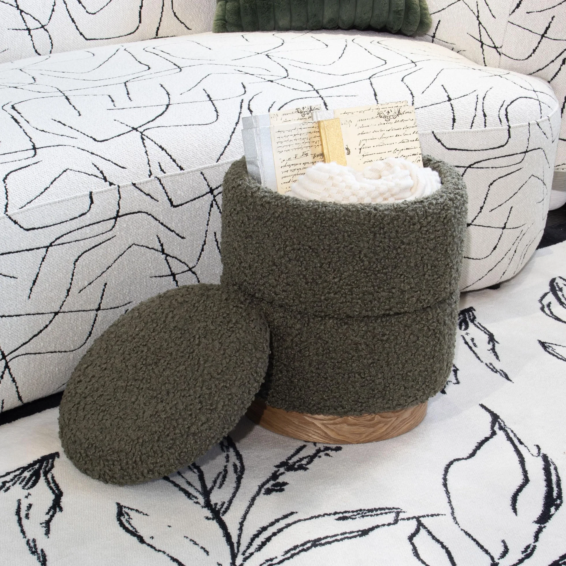 Round Ottoman with Storage, Modern Boucle Ottoman Upholstered Foot Stool with Wood Base, Vanity Stool Chair, Footrest Extra Seat for Living Room Bedroom Entryway (Olive Green)