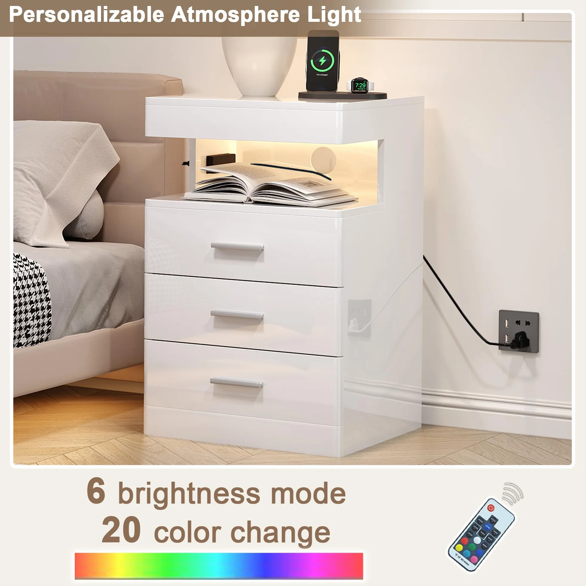 Treocho Led Nightstand with Hidden Space & Charging Station | 3 Drawer Smart Nightstand, Glossy Finish, RGB Lights, Tall Bedside Table for Bedroom, White
