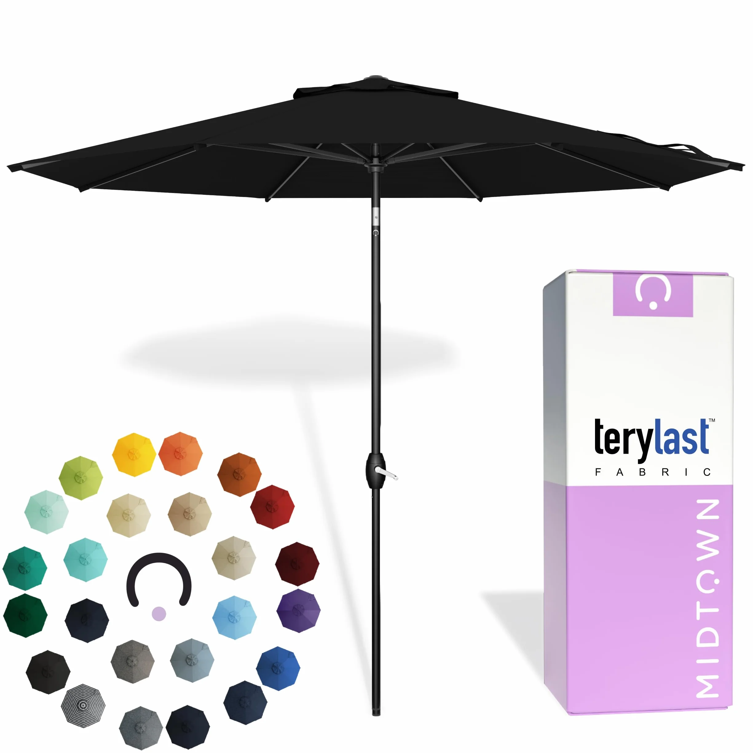 Midtown Umbrellas - 10-Year-No-Fade 9 Ft Patio Umbrella with Terylast Fabric, Auto-Tilt Aluminum Frame and 8 Reinforced Ribs for Deck, Pool, Garden & Beach - Ebony Black Canopy, Black Pole