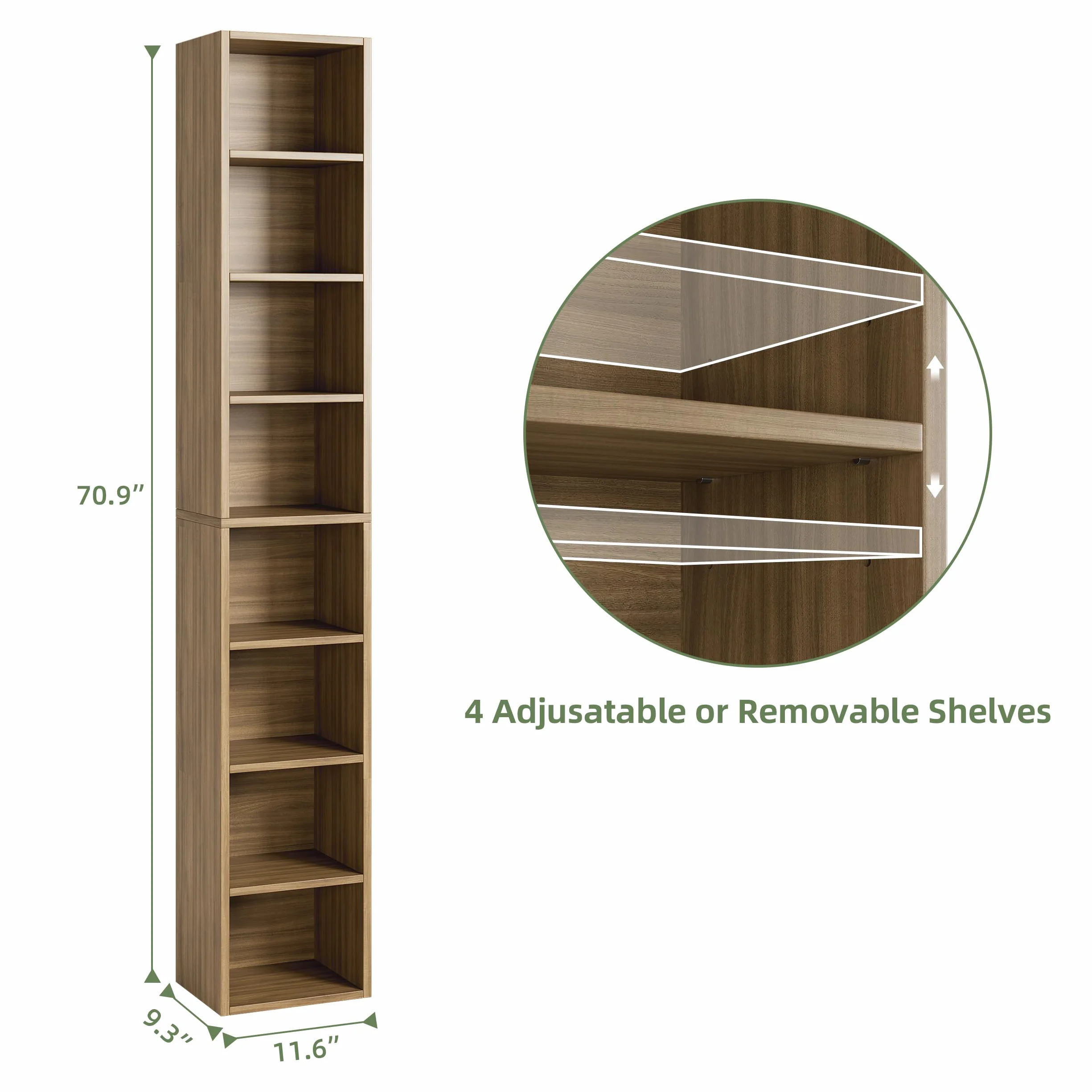 Bamjoy 71 Inches Tall Narrow Bookshelf, 8-Tier Slim CD DVD Media Shelf, Corner Bookcase with Adjustable Shelves, Cube Skinny Bookshelf for Home Office Small Space, Light Walnut