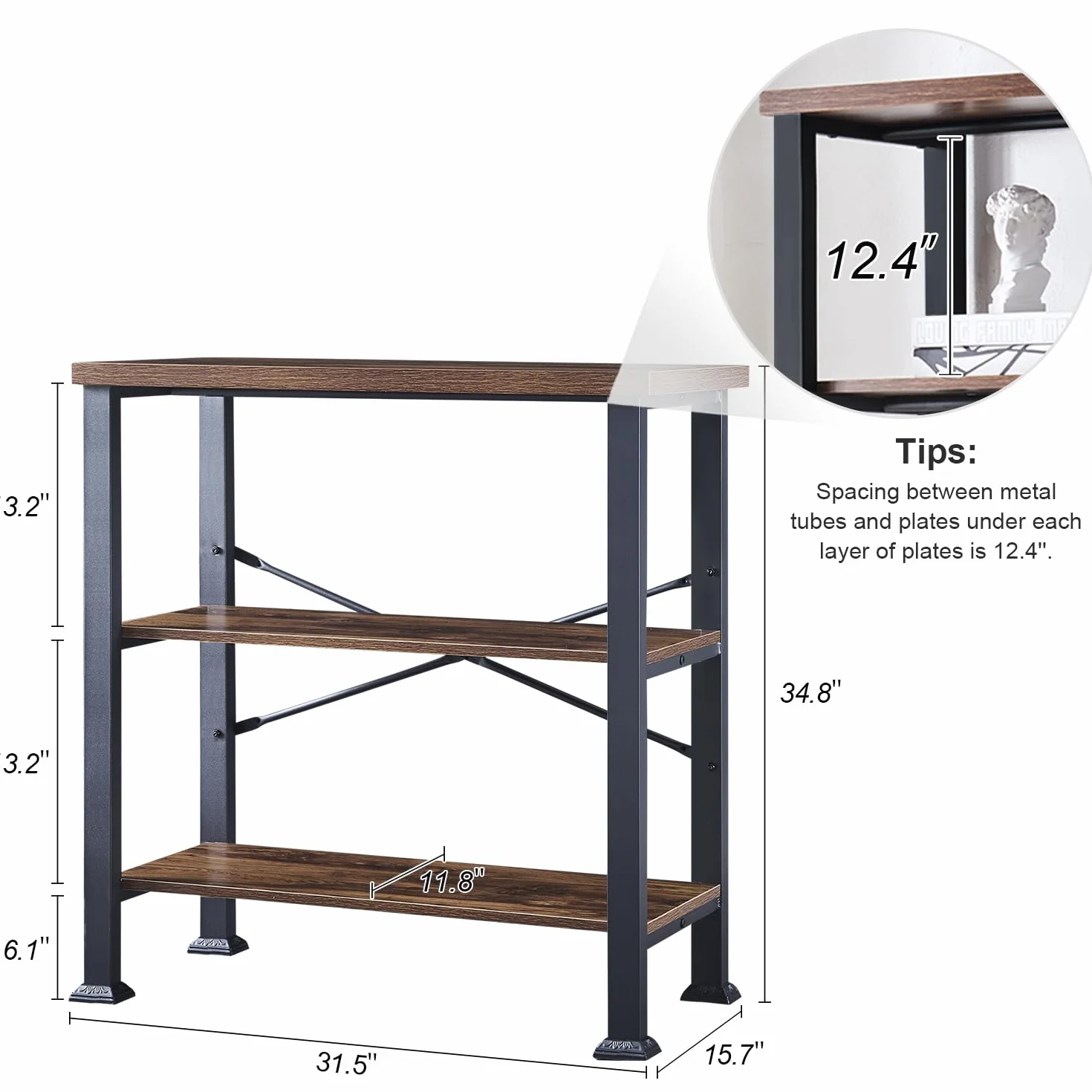 Hombazzar 3 Tier Book Shelf,31.5" Wide Rustic Brown Short Bookshelf | Multipurpose Design for Living Room,Office,Bedroom. Retro Industrial Design,Stability,Adjustable Feet,Easy Assembly