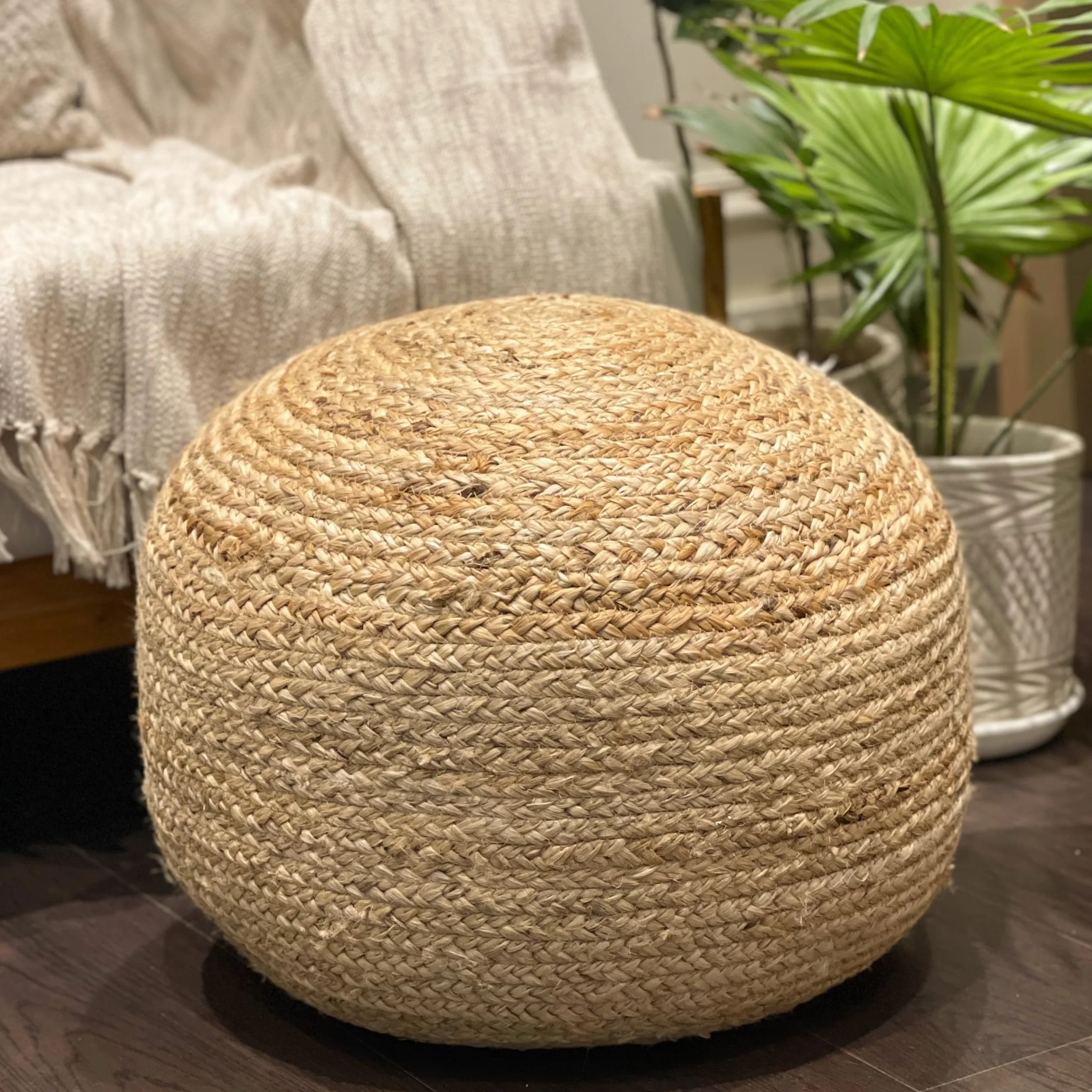 Chardin home- Natural Braided Ottoman Pouf - Cozy & Bohemian Jute/Hemp Hand Crafted Casual Seating for Home, Office, Bedroom, 18"x18"x14". (Golden Brown)