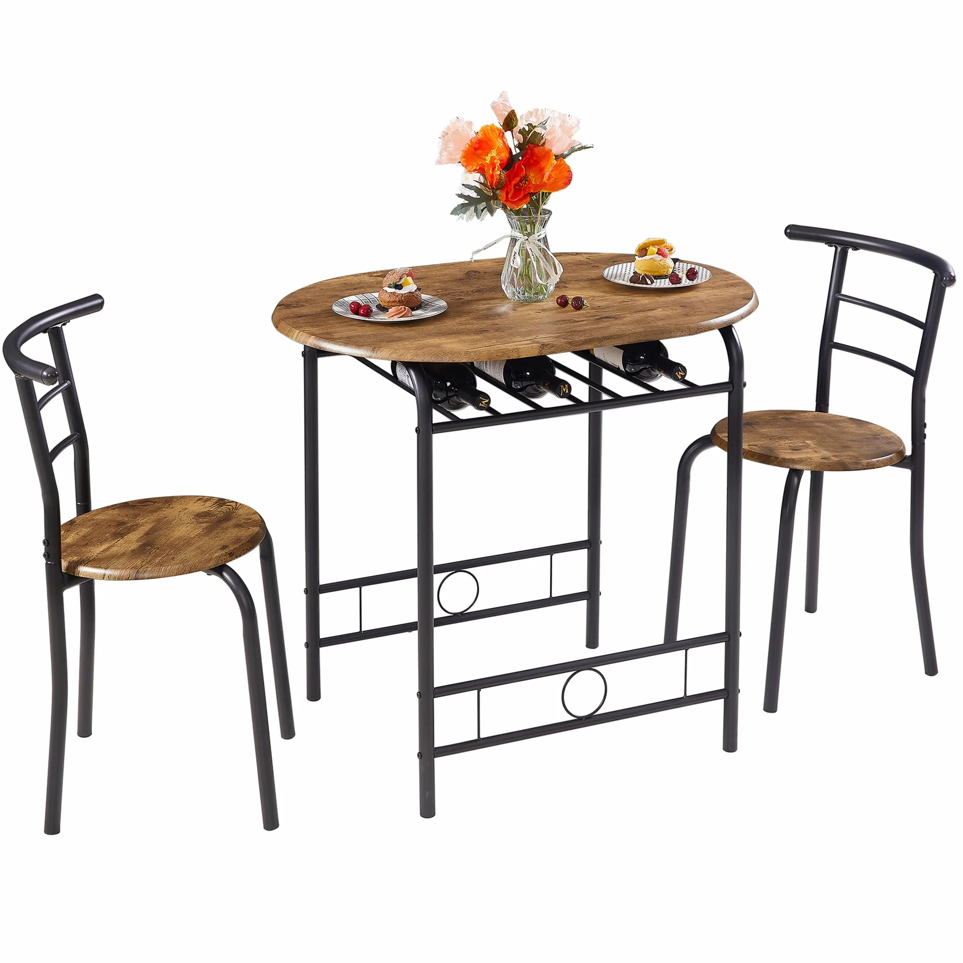 VECELO 3-Piece Dining Table Set for Kitchen Breakfast Nook, Wood Grain Oval Tabletop and Metal Frame with Built-in Wine Rack, for Small Spaces, 31.5", Antique & Black