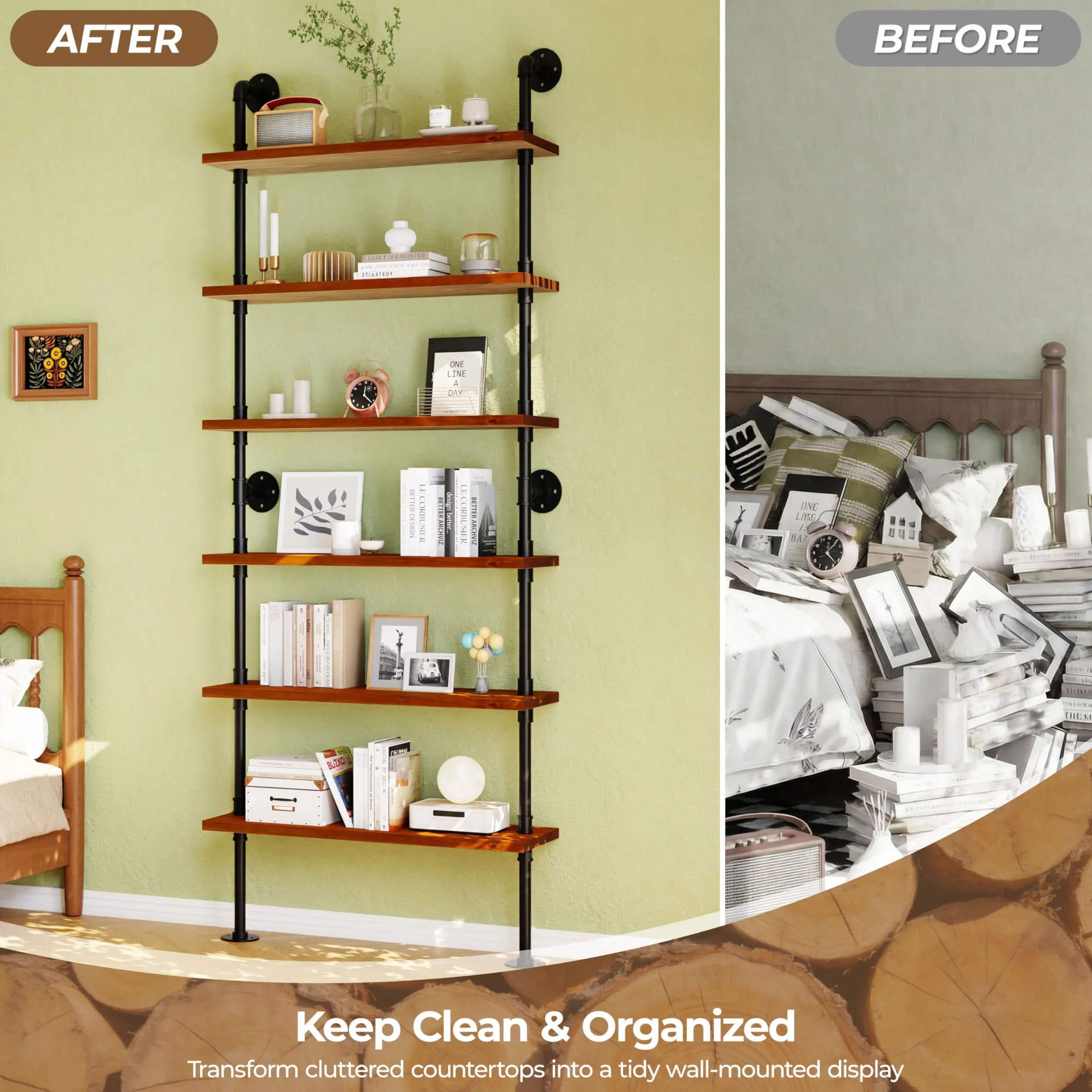 Industrial Pipe Bookshelf, Wall Mounted Shelf, 36 Inch, Walnut Brown | 6 Tier Open Bookcase, Solid pine wood, black iron pipe frame, 40 lbs per shelf, for books, kitchen, office decor