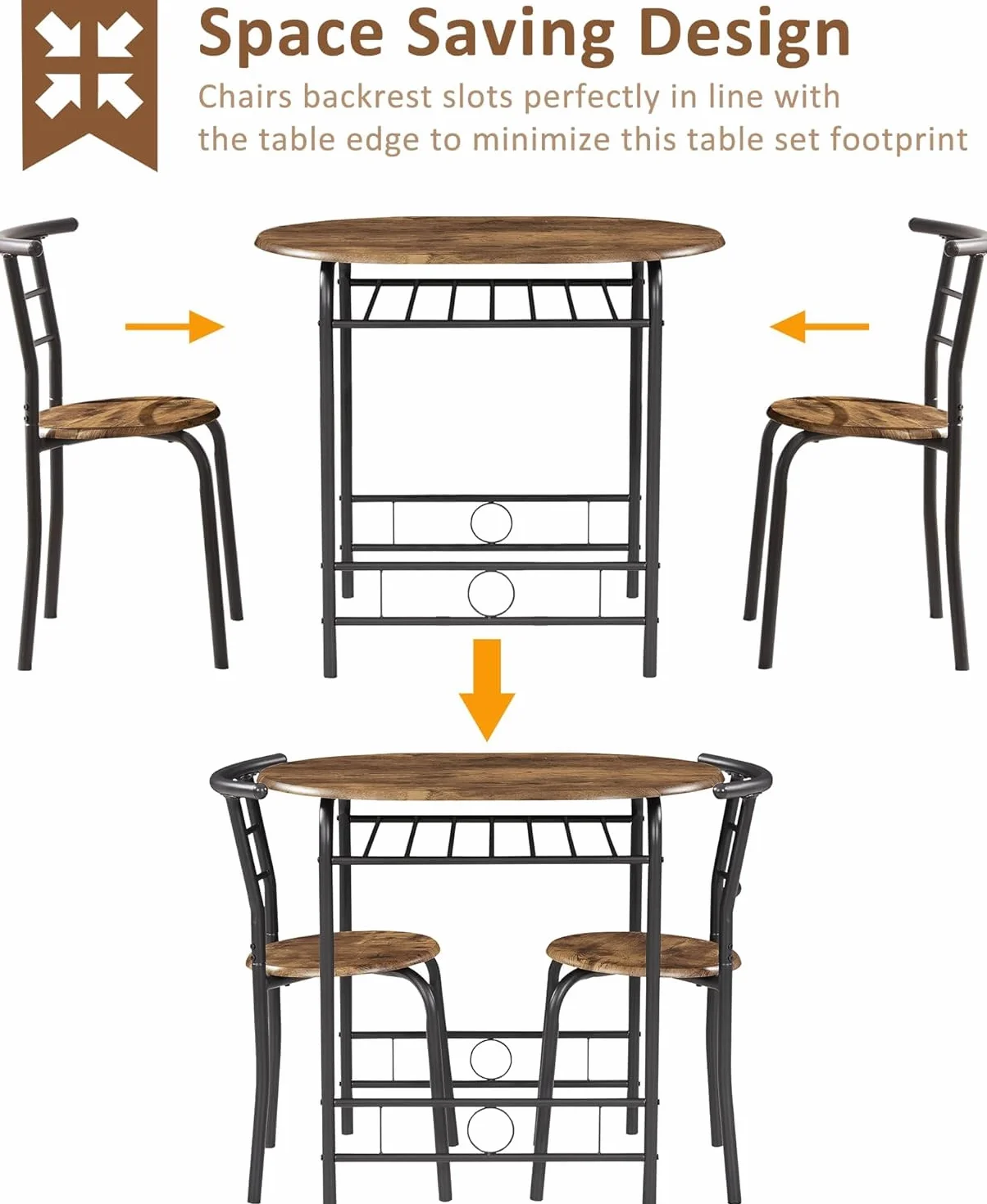 VECELO 3-Piece Dining Table Set for Kitchen Breakfast Nook, Wood Grain Oval Tabletop and Metal Frame with Built-in Wine Rack, for Small Spaces, 31.5", Antique & Black