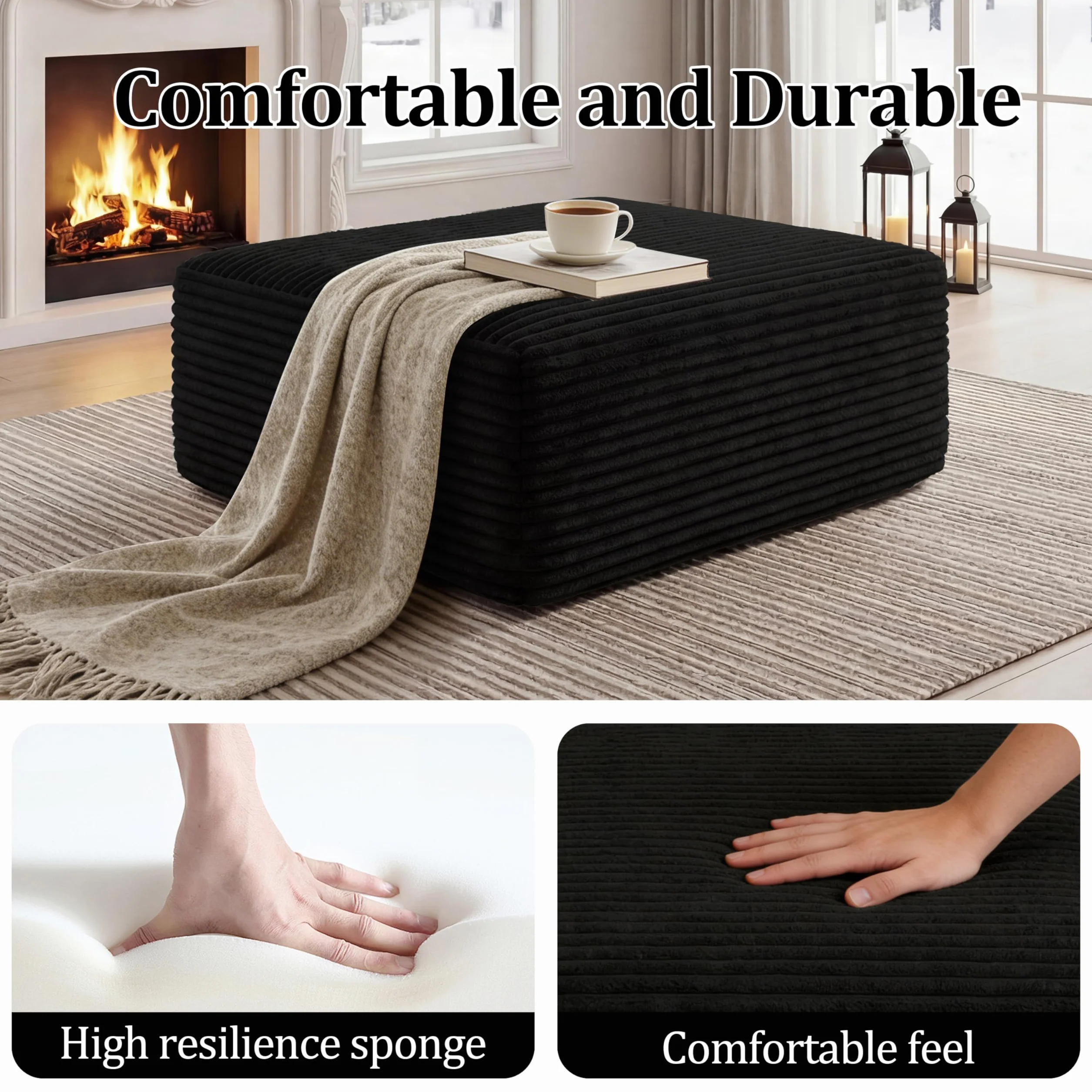 Corduroy Ottoman, Modern Boneless Cloud Foot Rest Foam Support, Oversized Modular Sectional Sofa Stool for Living Room, Bedroom & Small Spaces, No Assembly Required (Black, Ottoman)