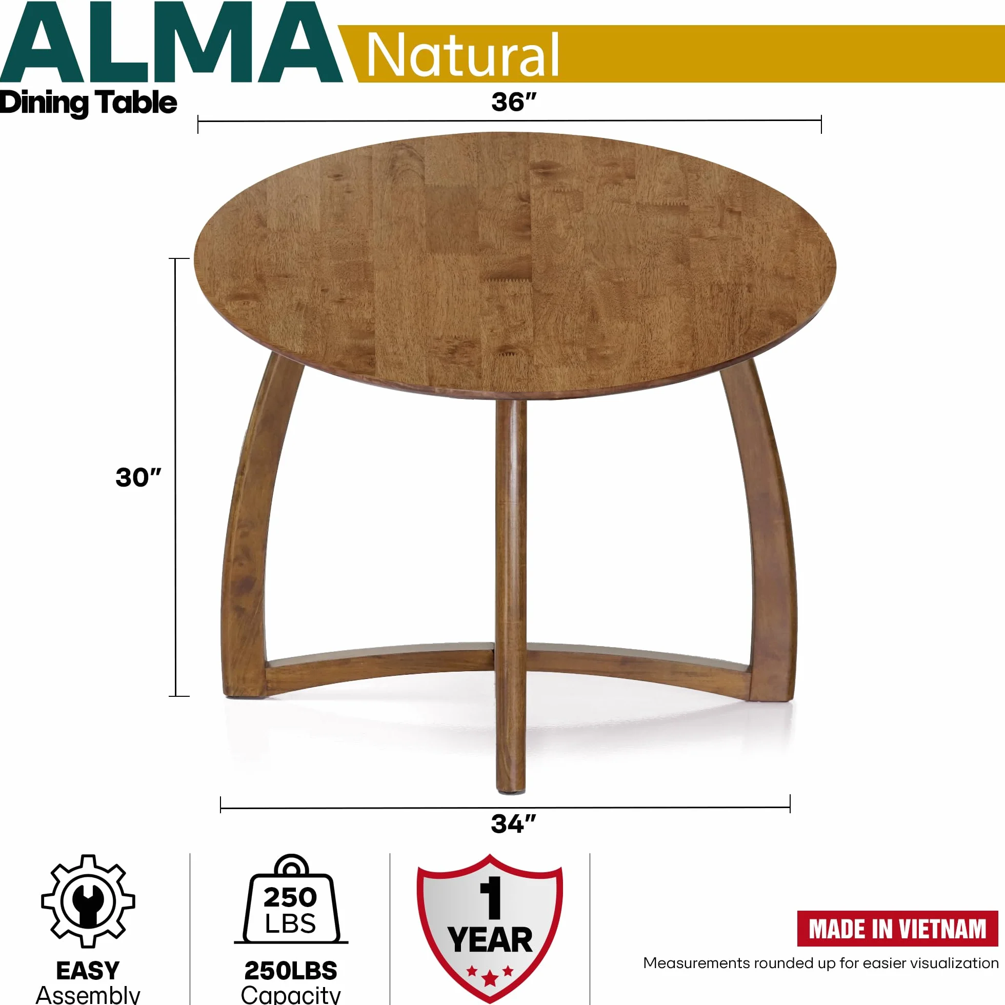 Acacia Alma 36 Inches Round Dining Table for 4, Solid Rubber Wood, Mid-Century Modern Kitchen & Dining Room Tables, Space-Saving for Living Room, Wooden Waterproof Thickened Tabletop, Natural