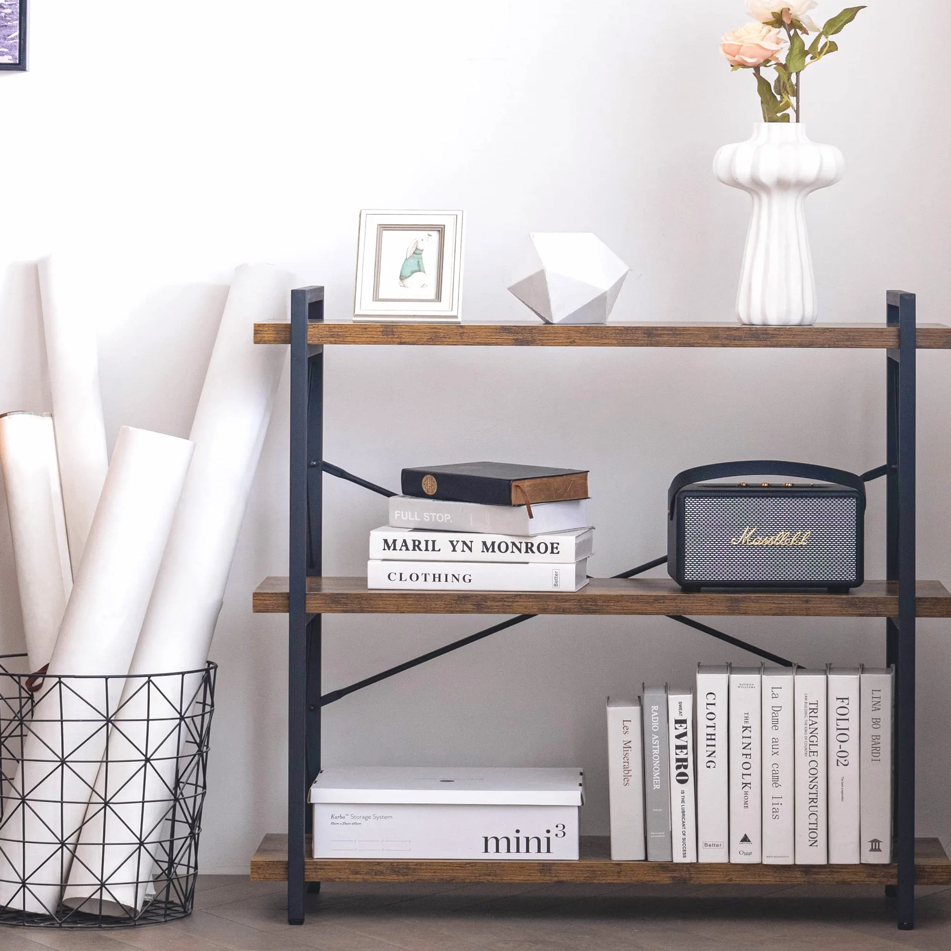 HCHQHS 3-Tier Industrial Bookshelf, 35" W x 12" D x 35" H | 1.2" Shelf Thickness, 14.17" Shelf Height, Wood and Metal, Horizontal, Rustic Brown, for Office Living Room Bedroom