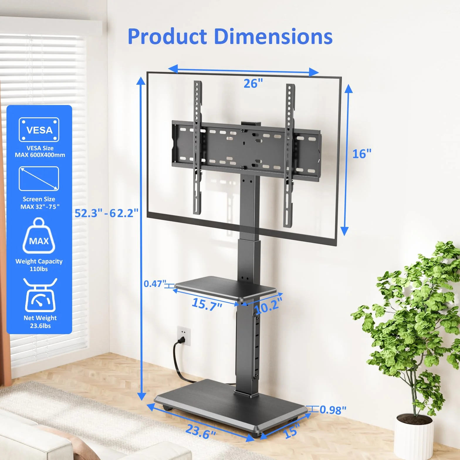 Afaloona Rolling TV Stand with Power Outlet for 32-75" TV, Max Load 110 lbs | Mobile TV cart with 18 height adjustments, ±30° swivel, media shelf and Max VESA 600×400mm for living room office and outdoor