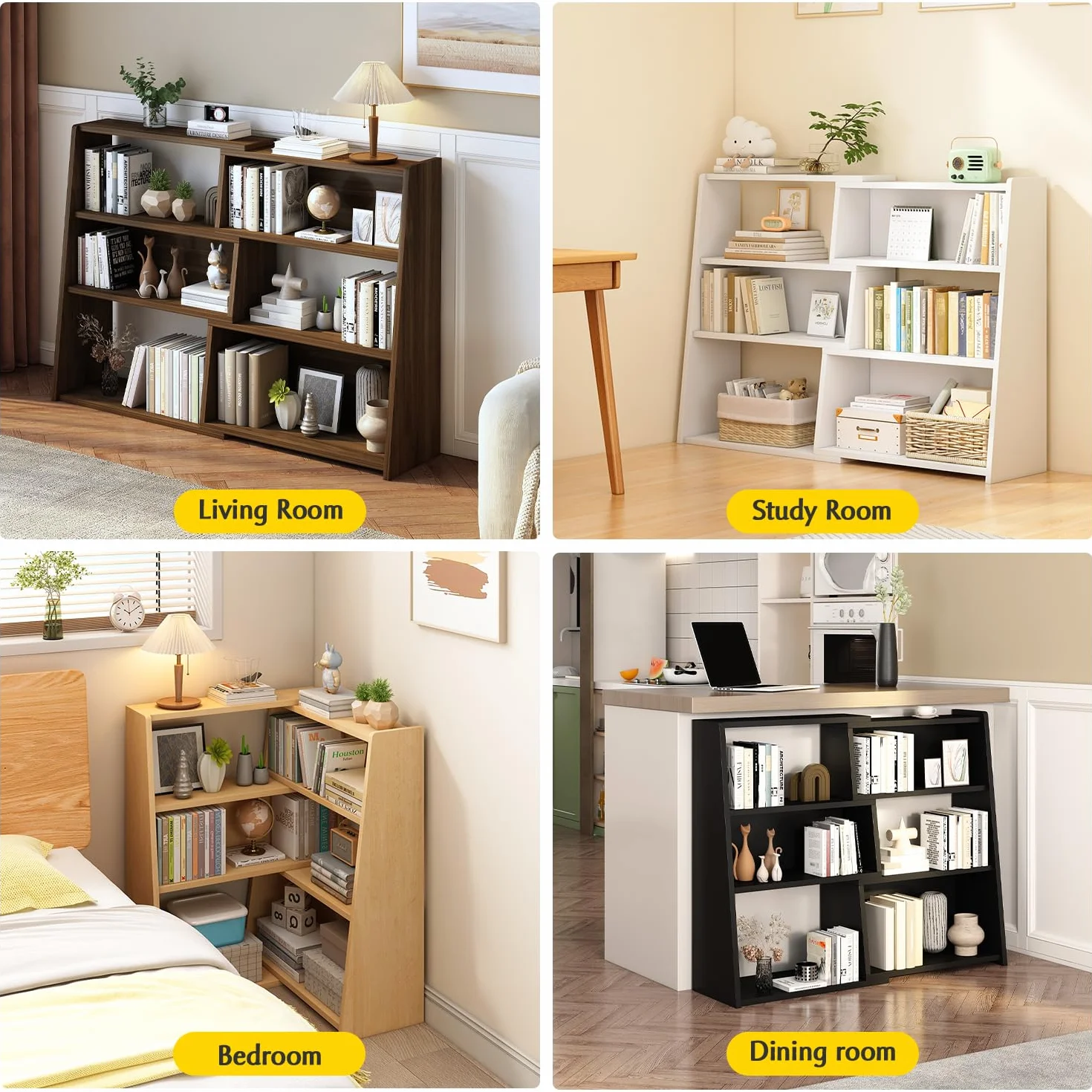 IOTXY Wooden Extendable Shelf Bookcase, 3-Tier Low Bookshelf, Oak, S | Adjustable Two-piece Design, 6 Open Cubbies, Extends 23.6"-43.3" for Straight Walls, Corners, and Small Spaces