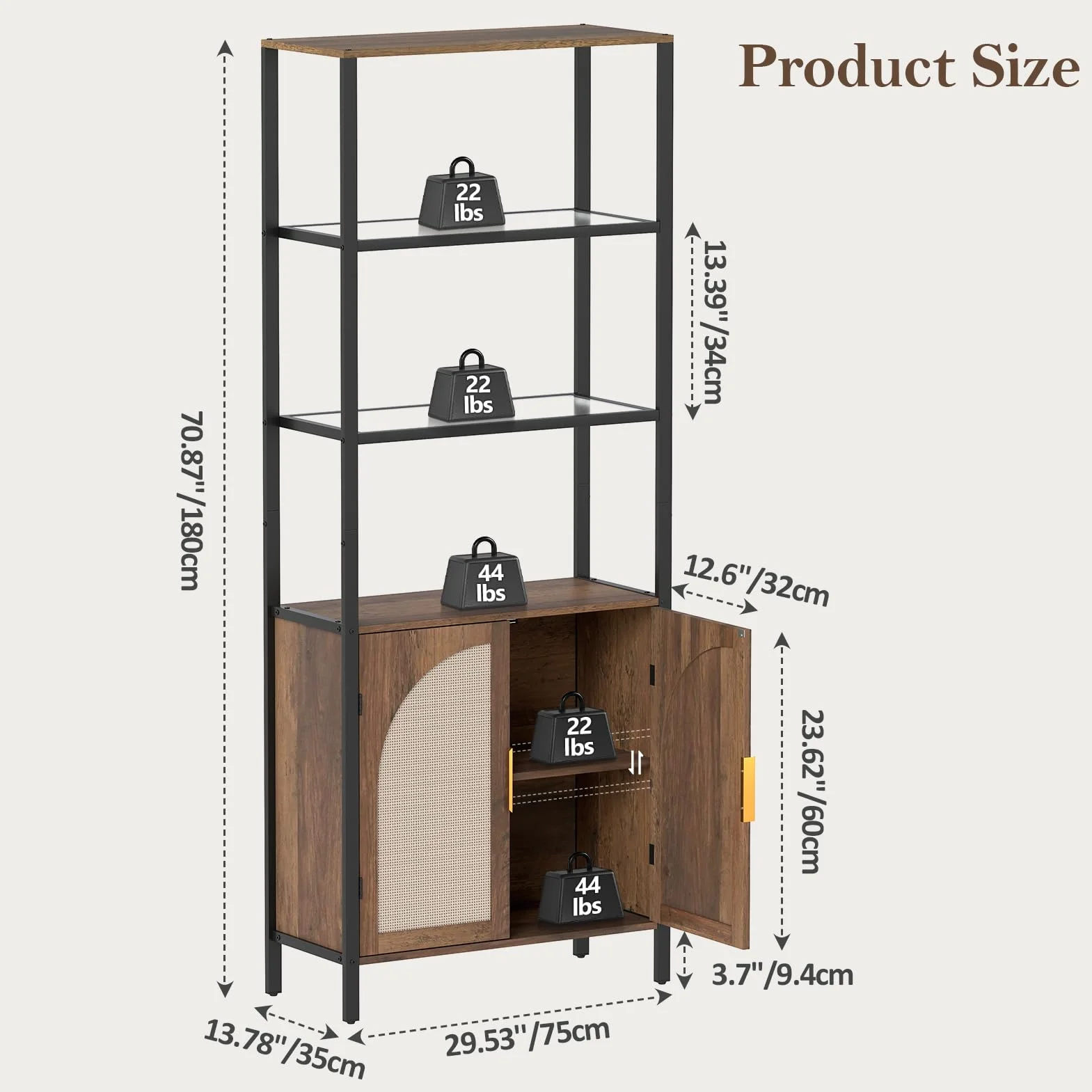 Turosur Rattan Bookshelf with Storage, Boho Bookcase with Wicker Doors, 71" Tall Book Shelf with LED Lights for Living Room, Brown