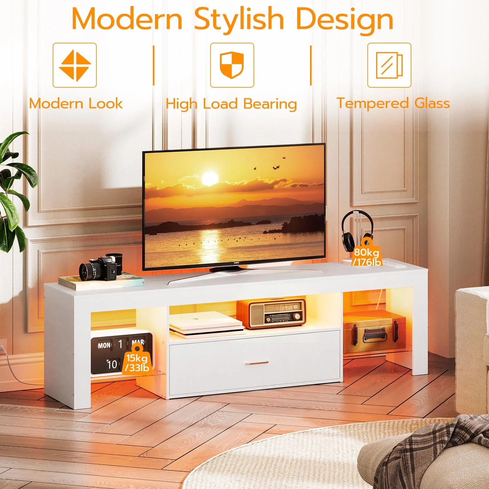 HOOBRO LED TV Stand with Power Outlets to 65 inch TV, Gaming Entertainment Center with Glass Shelves and Large Drawer, Modern Media TV Console Table for Living Room Bedroom, White WT14UDDS01