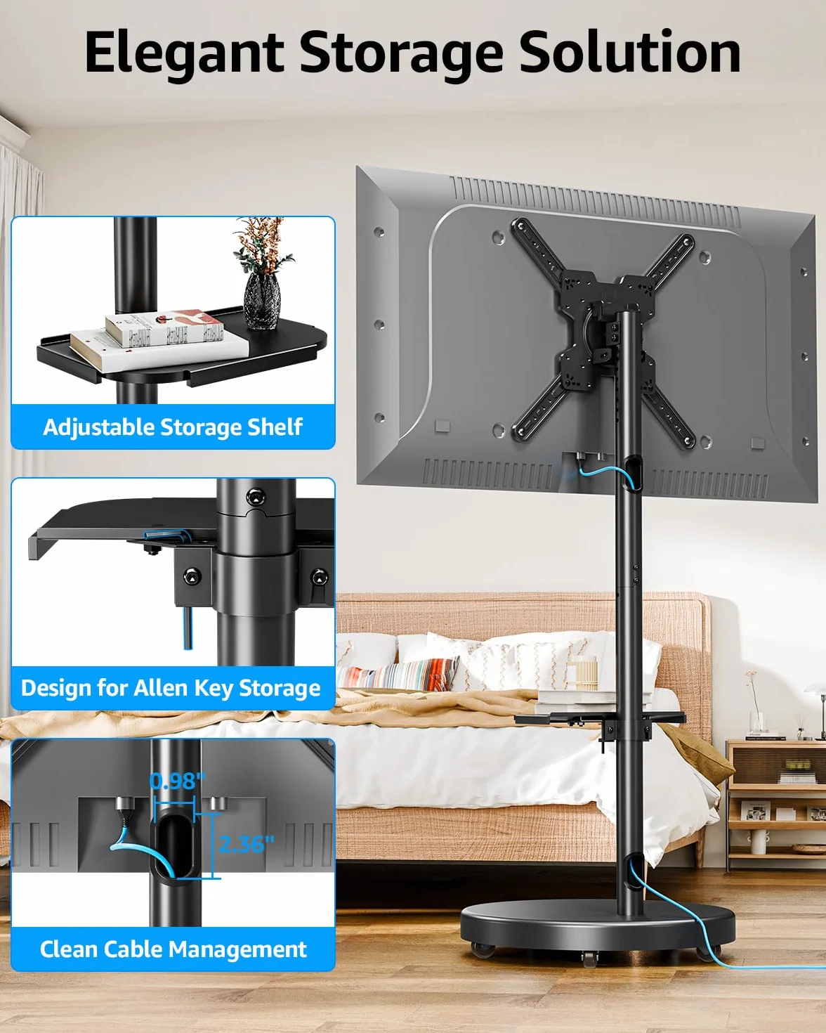 MOUNTUP Rolling Mobile TV Cart for 32-65 Inch TVs, Rotatable Floor TV Stand Compatible with The Frame TVs - 90° Landscape to Portrait, Height Adjustable TV Cart on Wheels, Max VESA 400x400mm