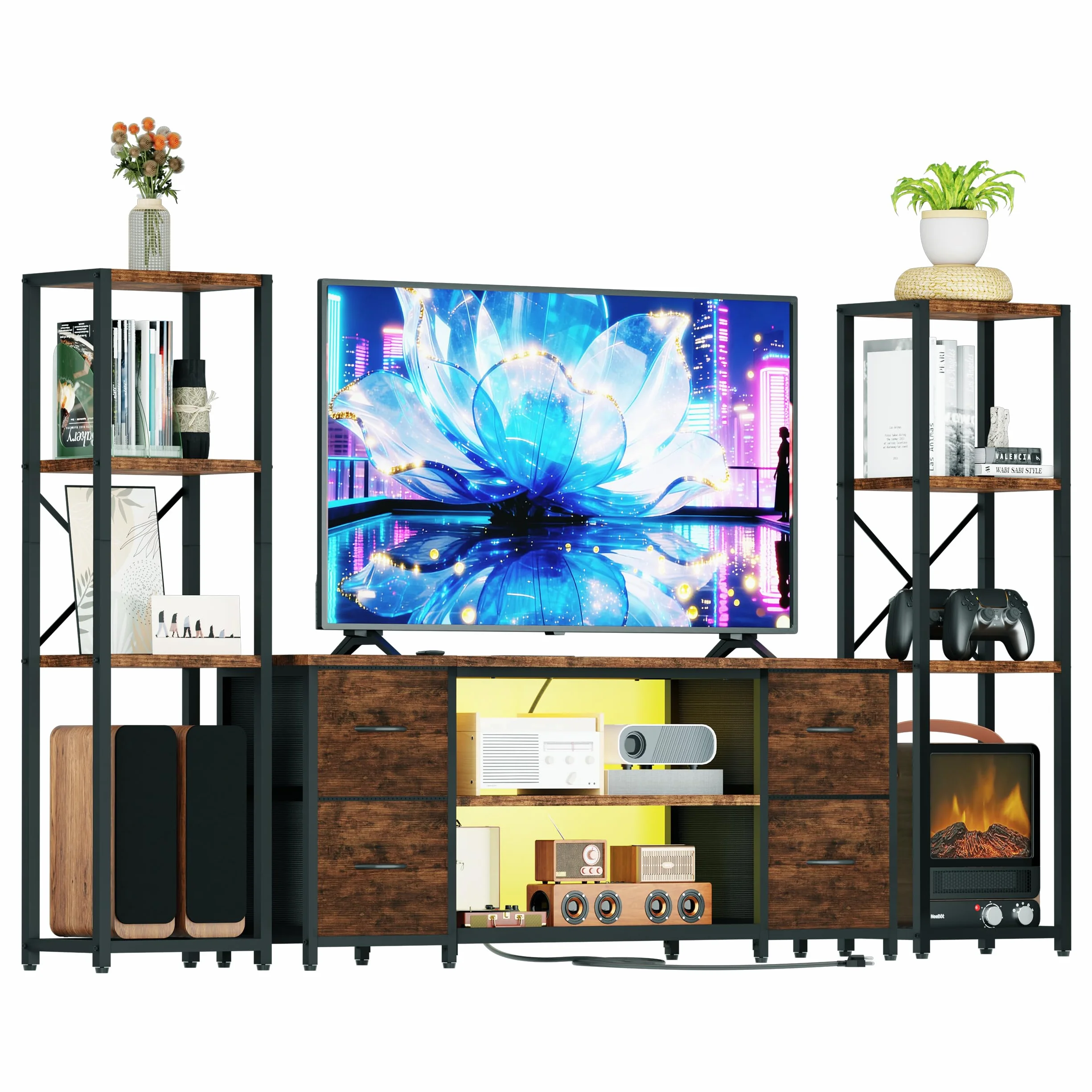LED TV Stand Bookshelf Combo with Charging Station for 65 60 55 Inch TV, Entertainment Center with Lights & Drawers, Industrial Media TV Console Table for Living Room Bedroom Office, Rustic Brown