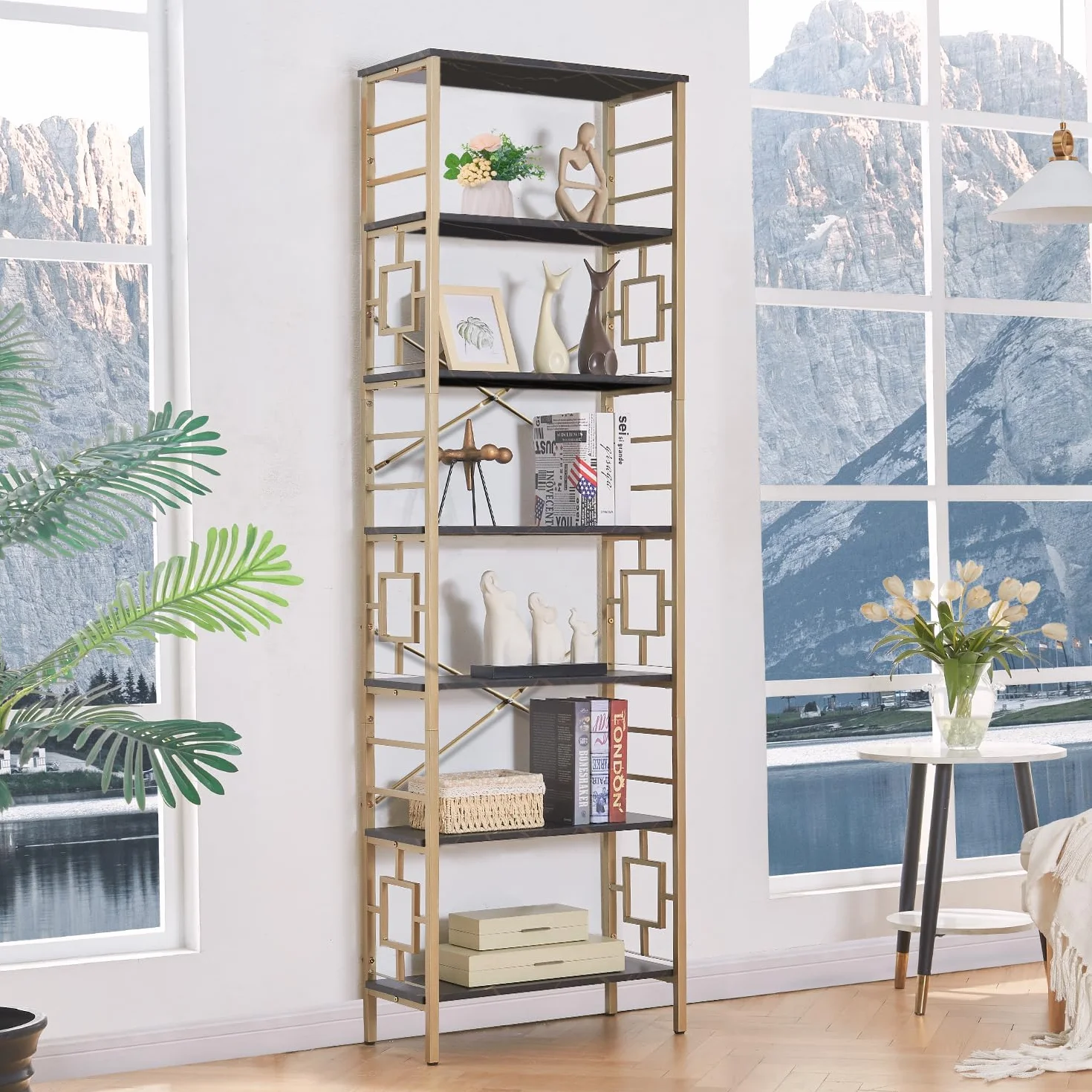 HOMISSUE Bookcase,7-Tier Tall Bookshelf Metal Bookcase and Bookshelves, Free Standing Storage Modern Bookshelf for Home Office Living Room and Bedroom, Black & Gold