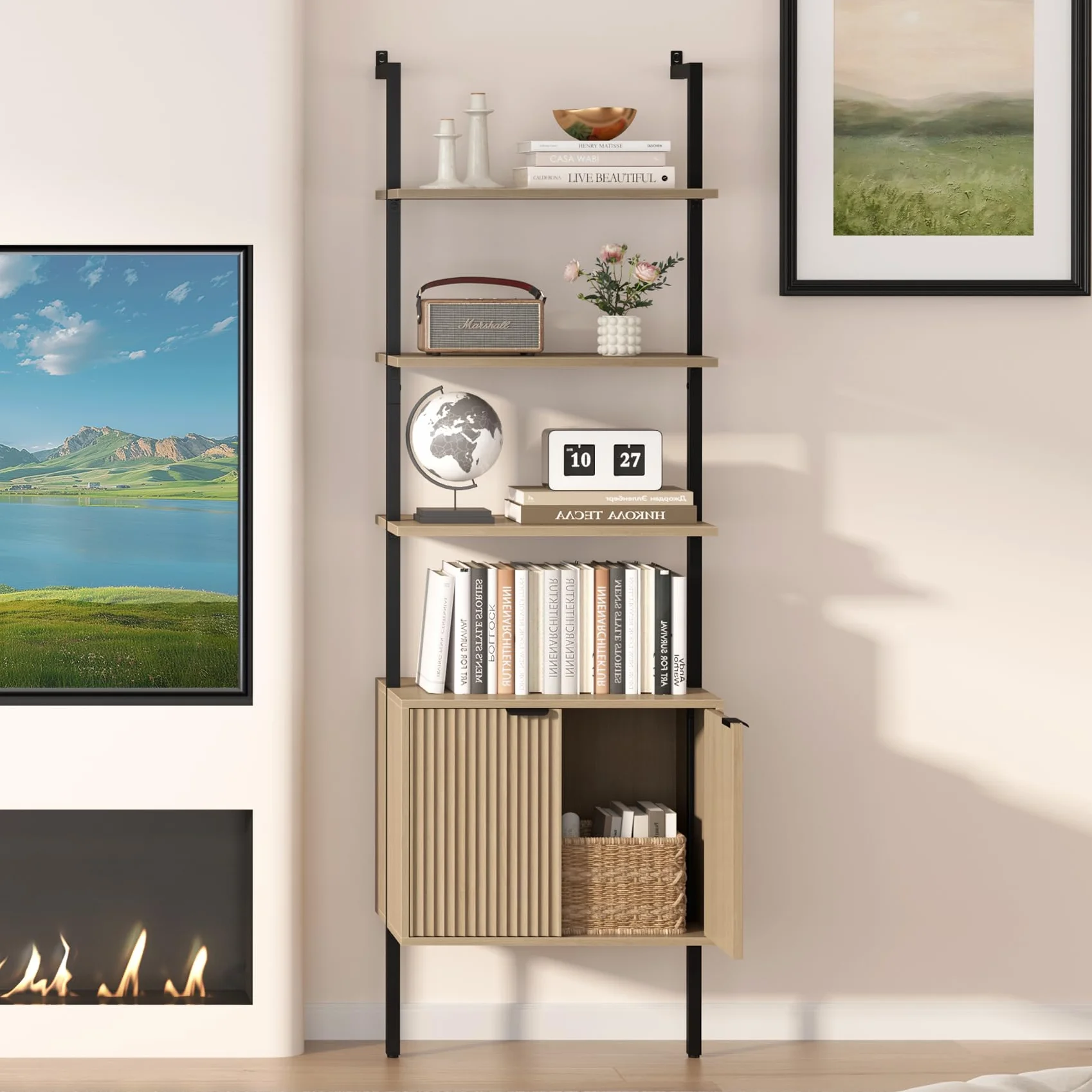 Yusong 73" Tall Bookshelf with Cabinet, Industrial Ladder Wall Mount Shelf Bookcase with Wood and Metal Frame, Plant Shelf Wall Storage Display for Living Room Bedroom, Wavy Light Ivory