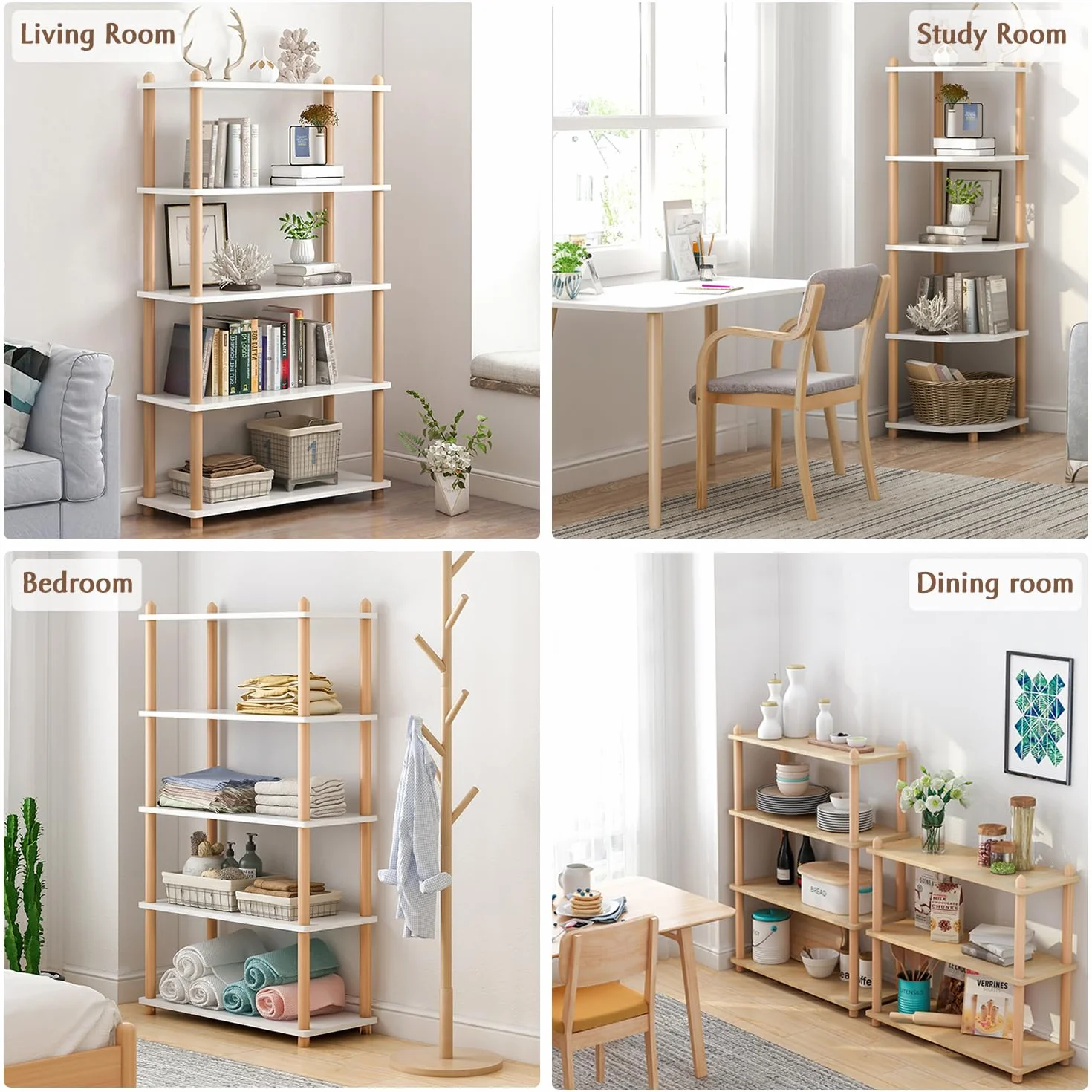 IOTXY 4-Tier Wooden Shelf Bookcase, Freestanding Open Bookshelf, Oak | Beech Wood Frame, 0.63" Shelves, Display Storage for Books, Plants, Decor, Living Room, Bedroom, Home Office