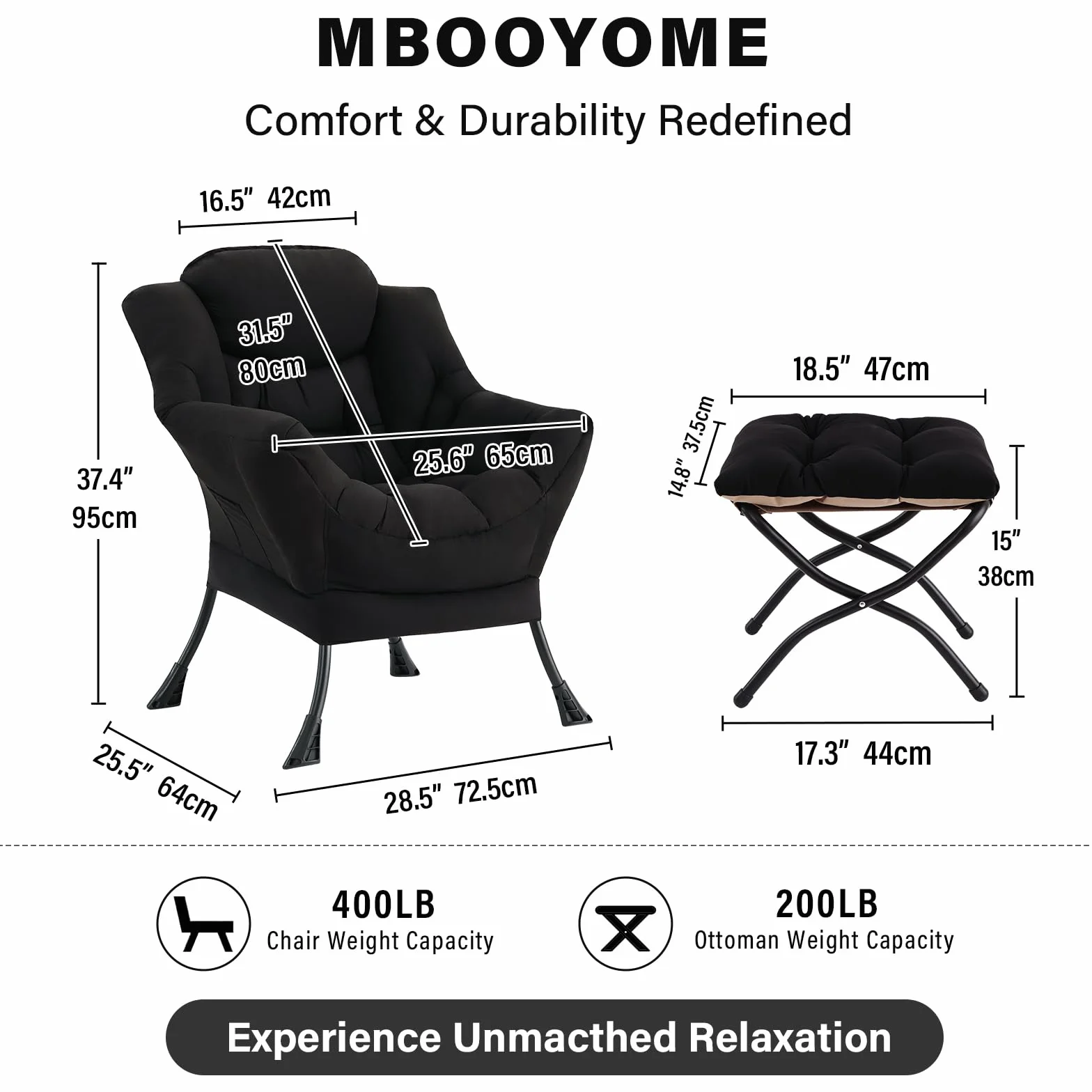 MBOOYOME Modern Lazy Chair with Ottoman, Comfy Accent Reading Chair, Black | Removable & Machine-washable Cover,with Armrests & Side Pockets,Upholstered Lounge Chair for Bedroom,Dorm,Office,Small Space