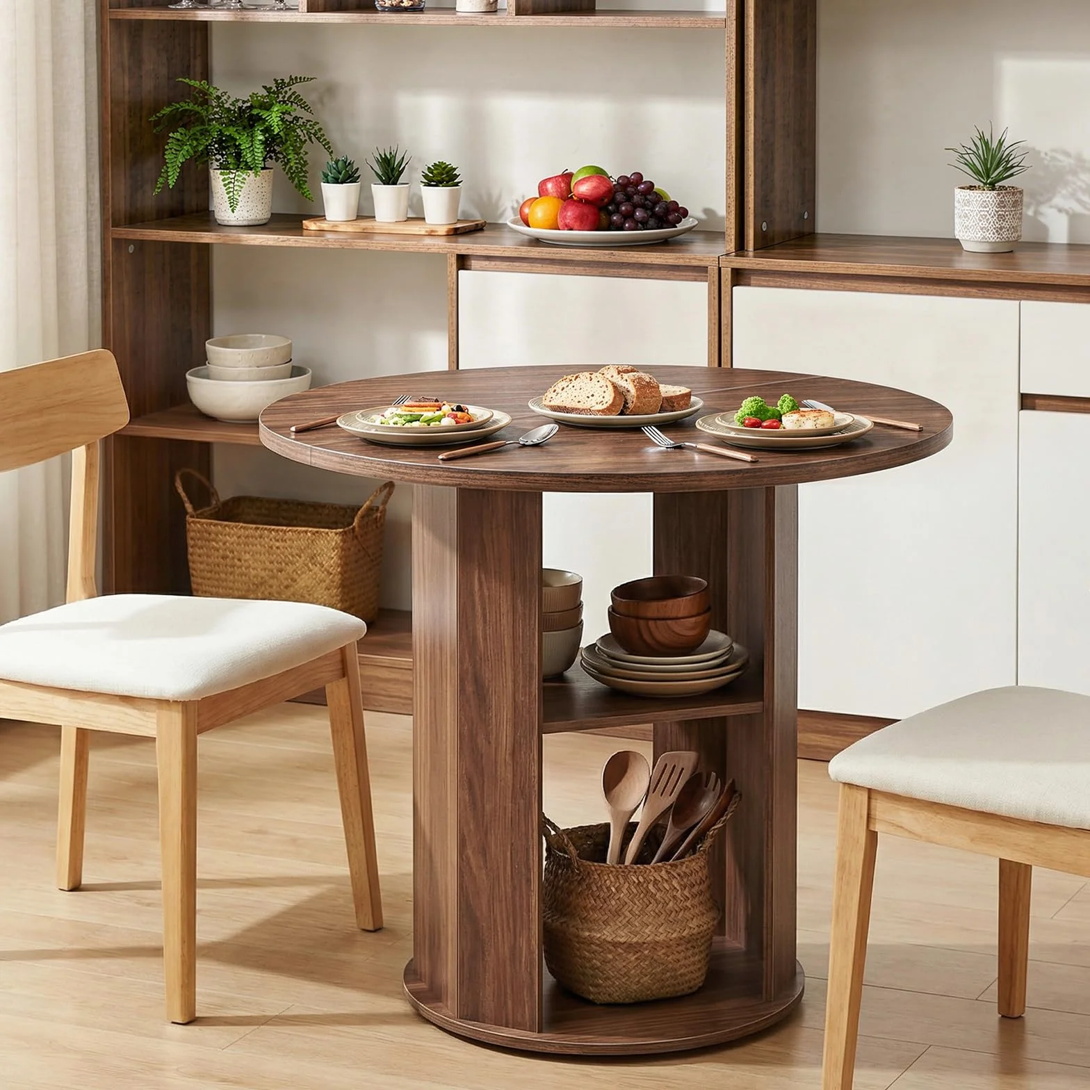 MAHANCRIS 31.5" Round Dining Table with Storage Shelf for 2-3, Circle Kitchen Dinner Table with Thick Tabletop, for Small Spaces, Circle Nook Table for Kitchen & Dining Room, Walnut DTWA8501