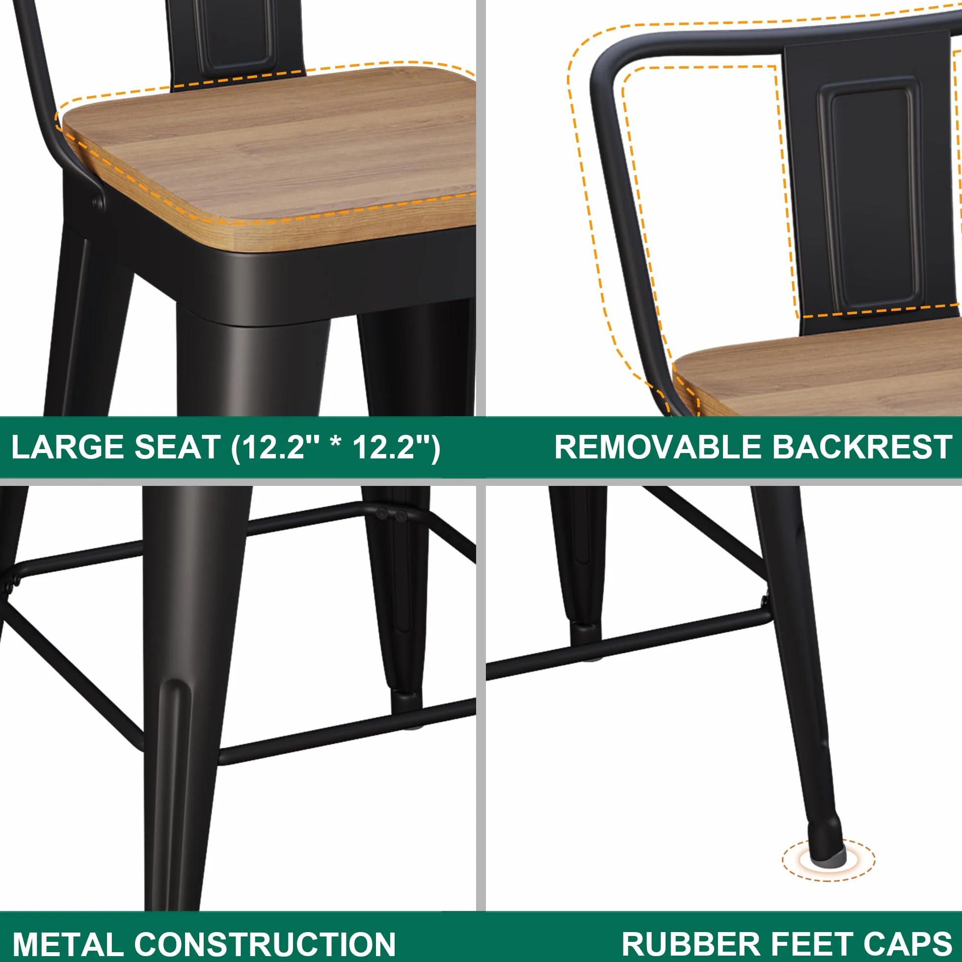 WENTMENT Metal Bar Stools Set of 4 Counter Height Barstools with Removable Back 26" Kitchen Bar Stools with Wooden Seat, Black