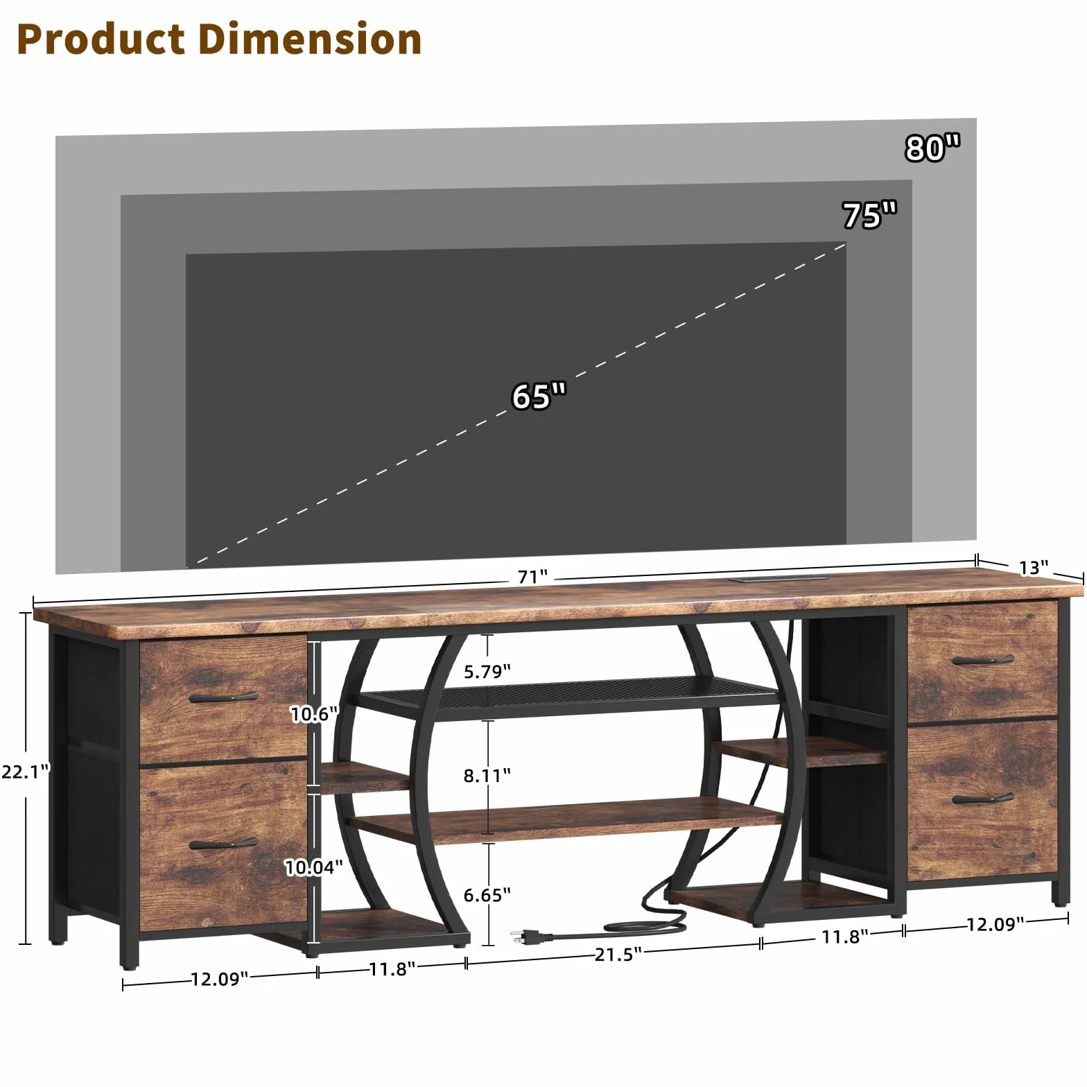 LED TV Stand for 65, 70, 80 Inch TV,71 Inch Industrial Entertainment Center with Power Outlets,Media Console Table with Open Storage Shelves & Fabric Drawers for Living Room Bedroom,Rusti Brown