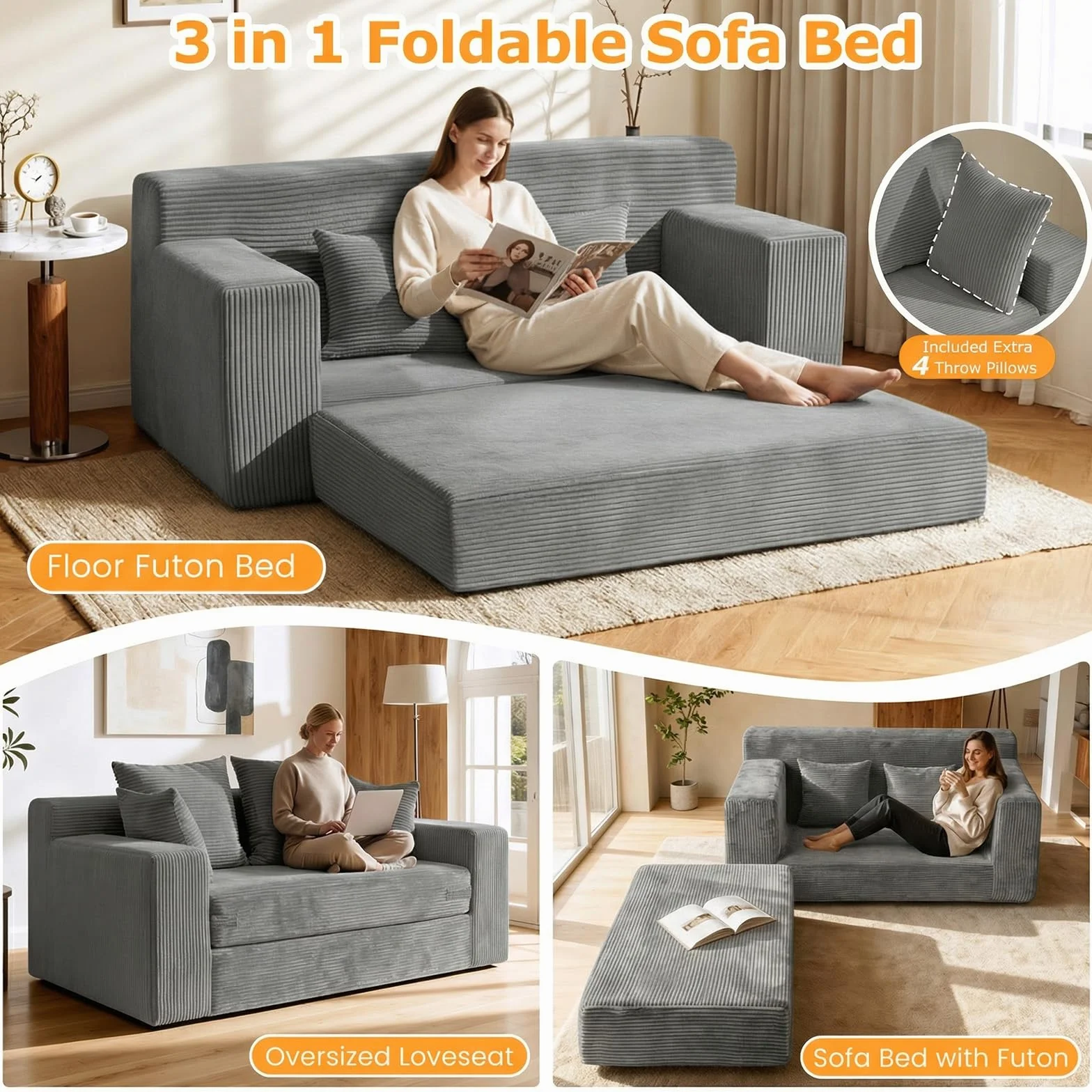 Winzon Boneless Loveseat, 3 in 1 Convertible Sofa Bed Sleeper Sofa Floor Futon Bed with 4 Pillows, 55" Grey Boneless Couch for Living Room, Guest Room, Small Space, No Assembly Required, Corduroy
