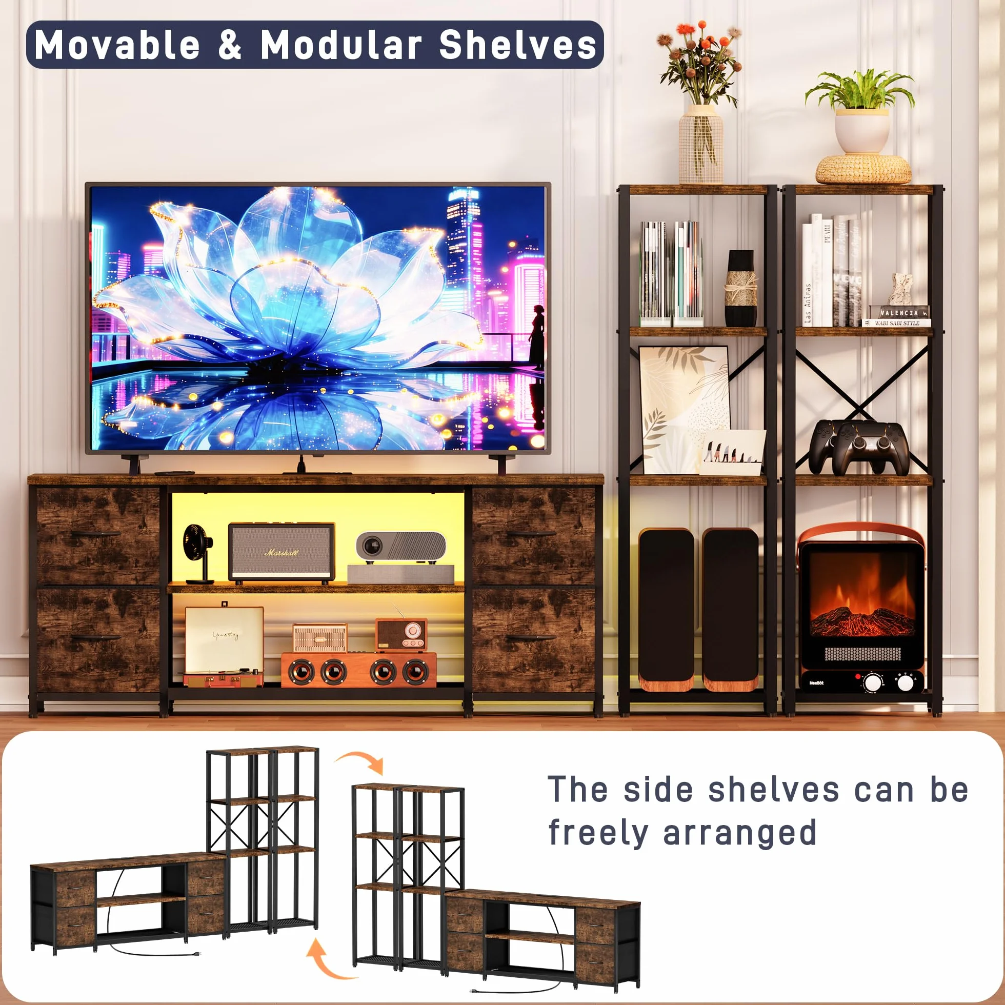 LED TV Stand Bookshelf Combo with Charging Station for 65 60 55 Inch TV, Entertainment Center with Lights & Drawers, Industrial Media TV Console Table for Living Room Bedroom Office, Rustic Brown
